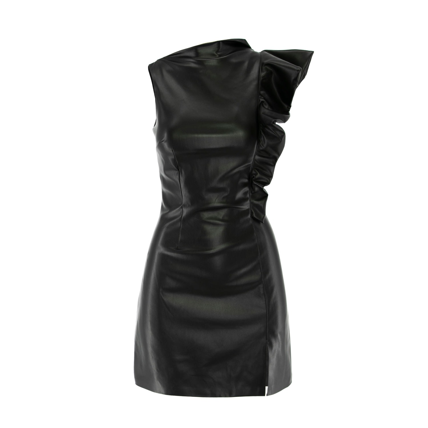 Women's Black Eco Leather Asymmetrical Mini Dress With Ruffle | Extra Small | Avenue N°29