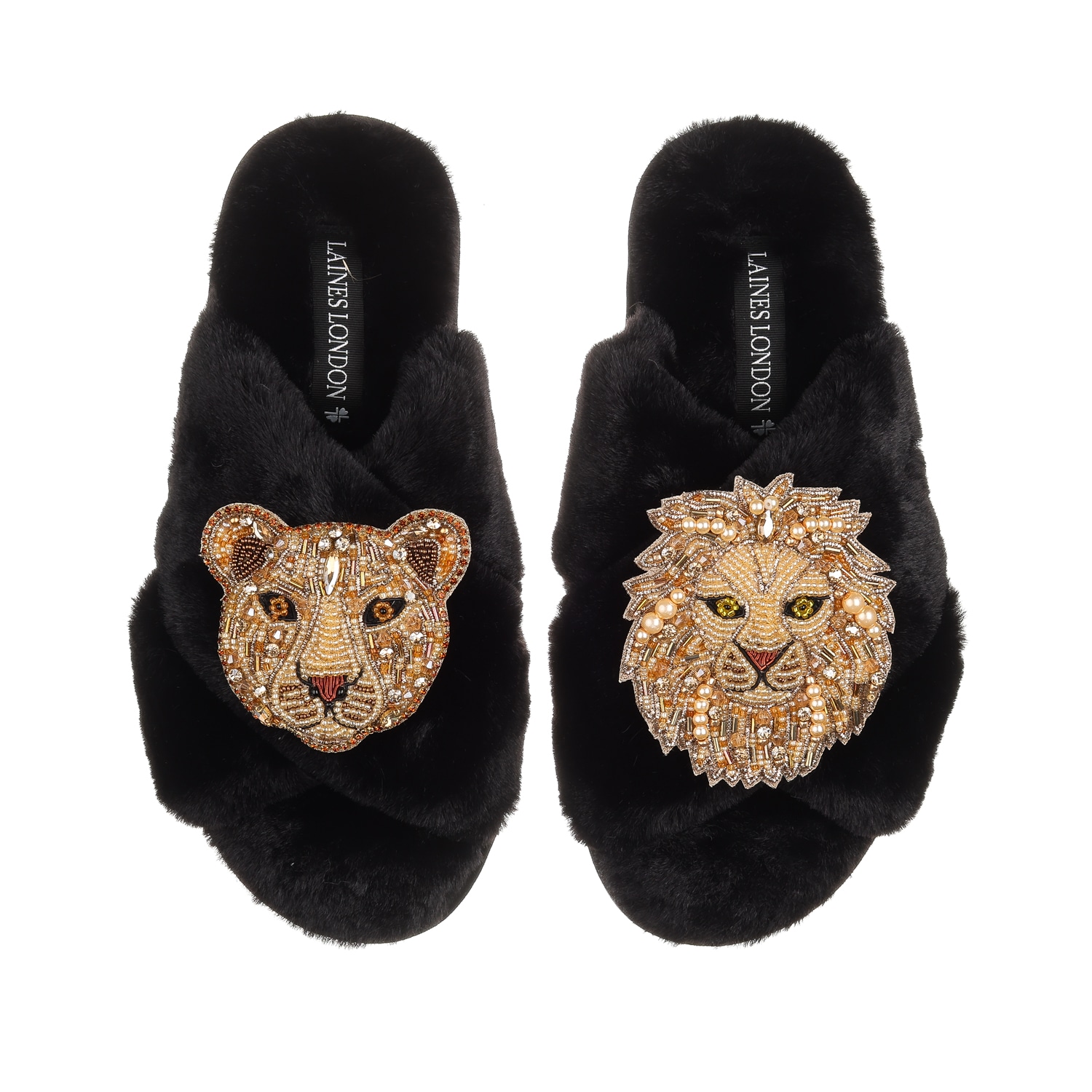 Laines London Women's Classic Laines Slippers With Artisan Golden Lion & Lioness Brooches - Black In Black