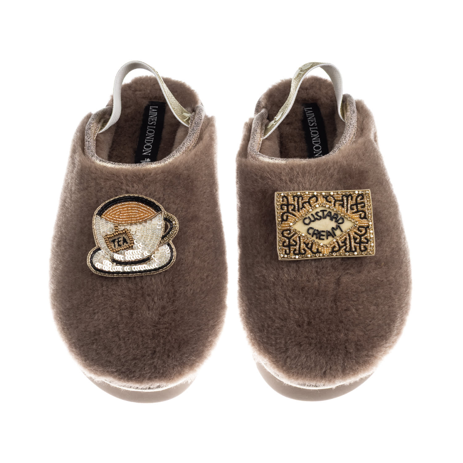 Laines London Women's Brown / Gold / Neutrals Flatform Cloud Slippers With Tea & Biscuit Brooches - Mink