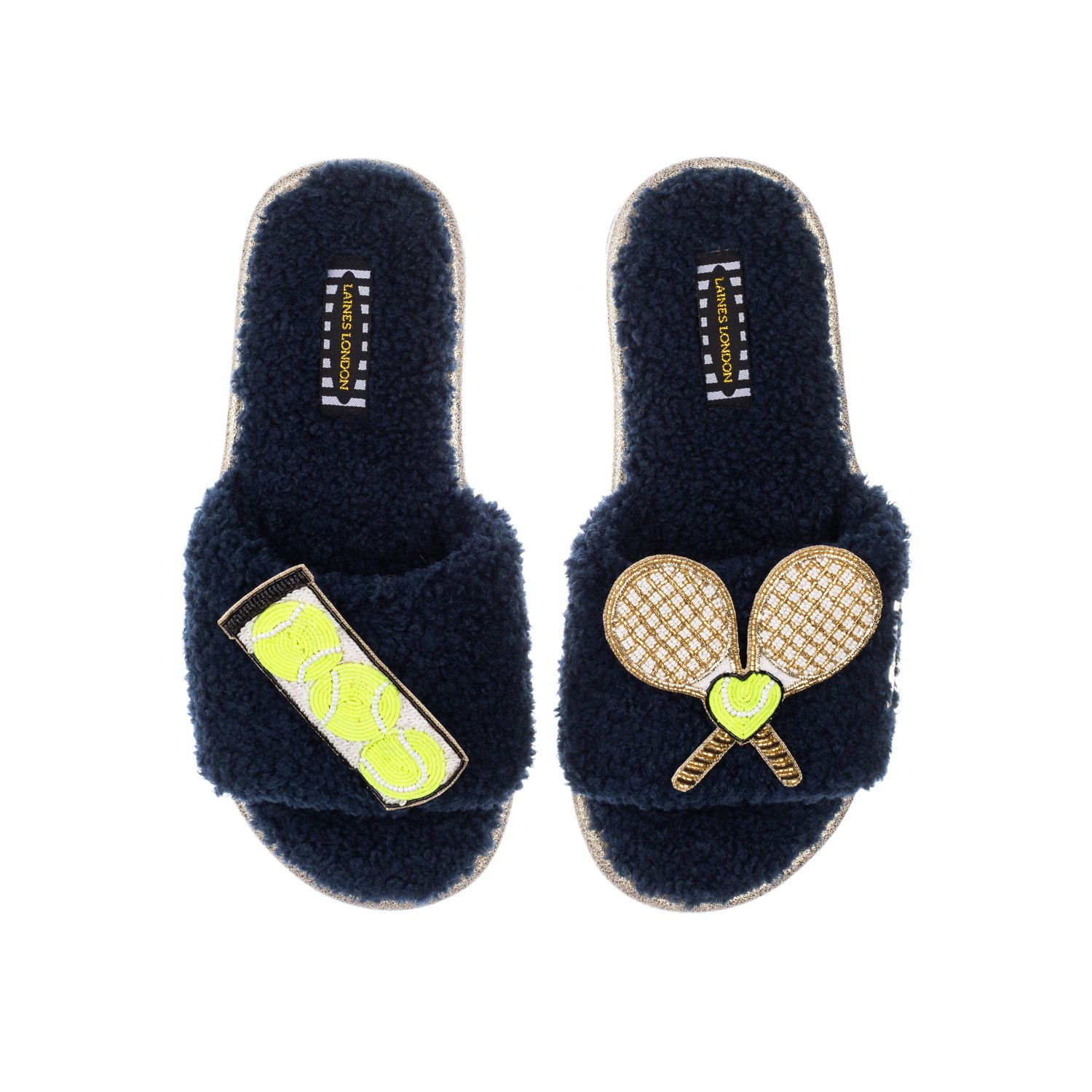 Laines London Women's Blue Teddy Towelling Slipper Sliders With Tennis Lover Brooches - Navy In Blue