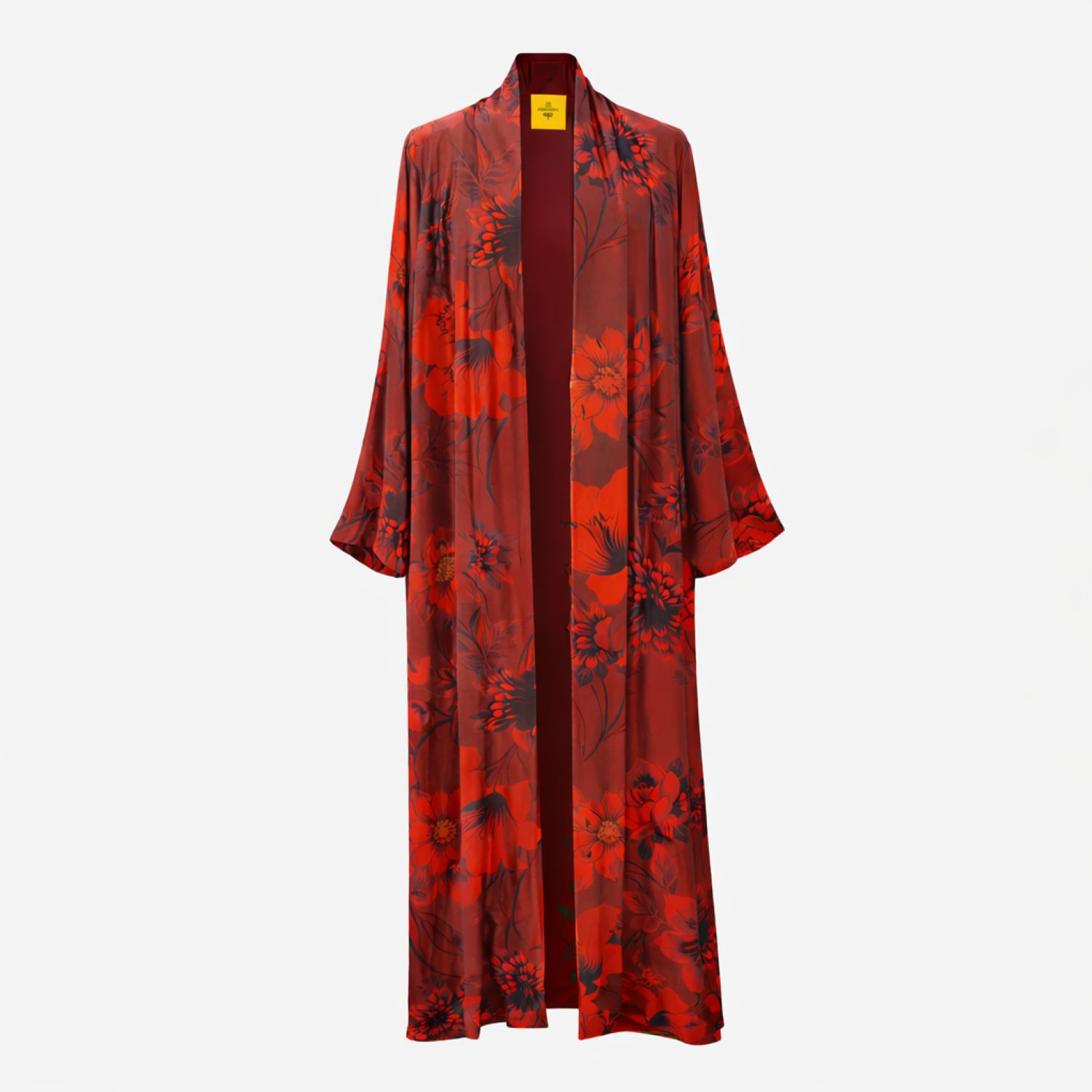 Women's Red Burgundy Floral Bomb Satin Abaya Kaftan | One Size | Janara Jones