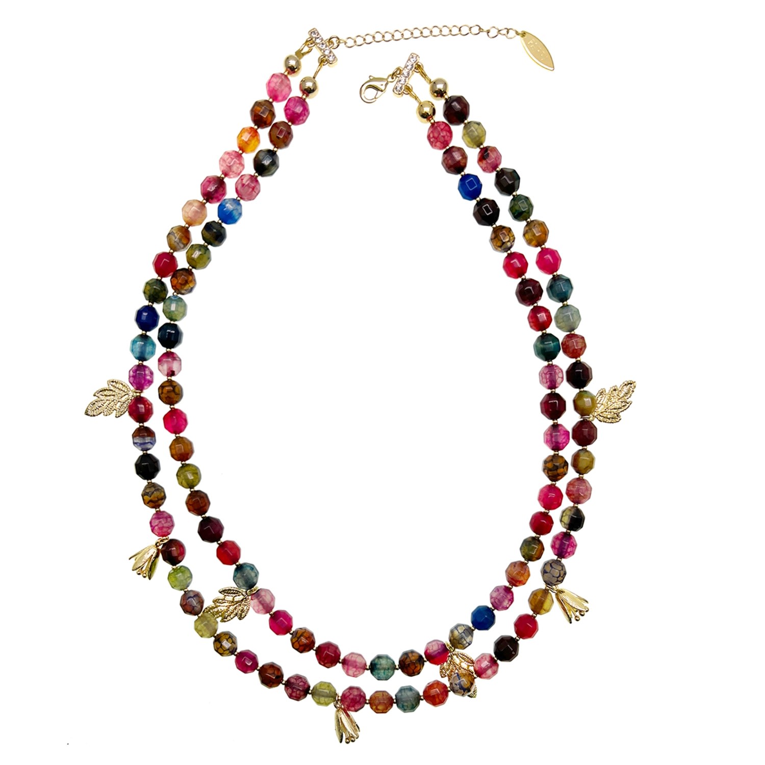 Farra Women's Double Layers Agate Necklace With Flower And Leaves Charms