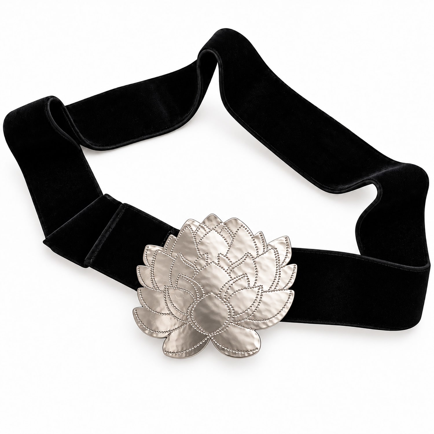 Women's Silver / Black Artisan Hammered Lotus Jewel Belt | Semi Matte Silver & Black Velvet | Rare Matters Jewelry