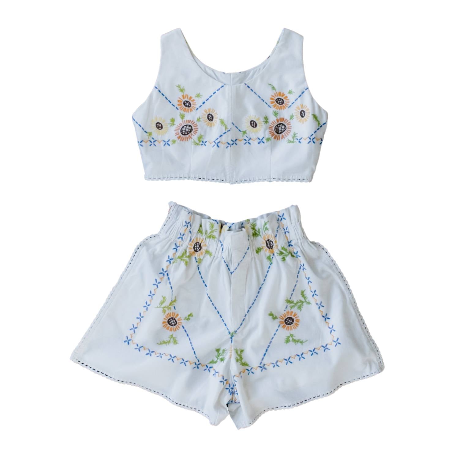 Women’s Upcycle Hand Embroidered Sunflower Crop Top & Shorts Set Medium Sugar Cream Vintage