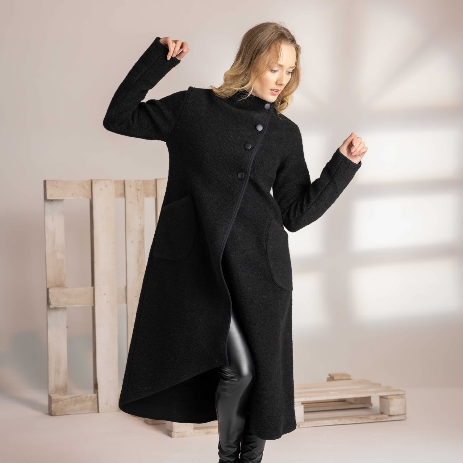 Wool Asymmetrical Wrap Cardigan Coat With Buttons And Pockets In