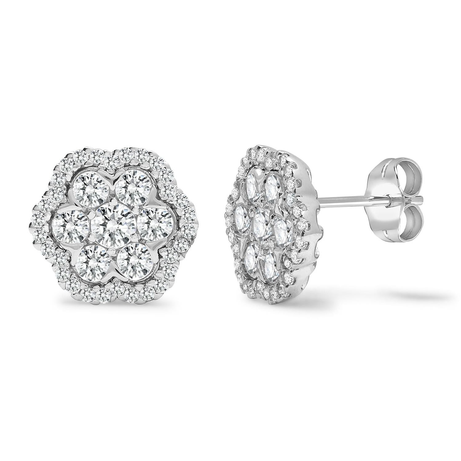 Women’s White Large Flower Diamond Earrings Cluster Halo Studs One Carat Cervin Blanc