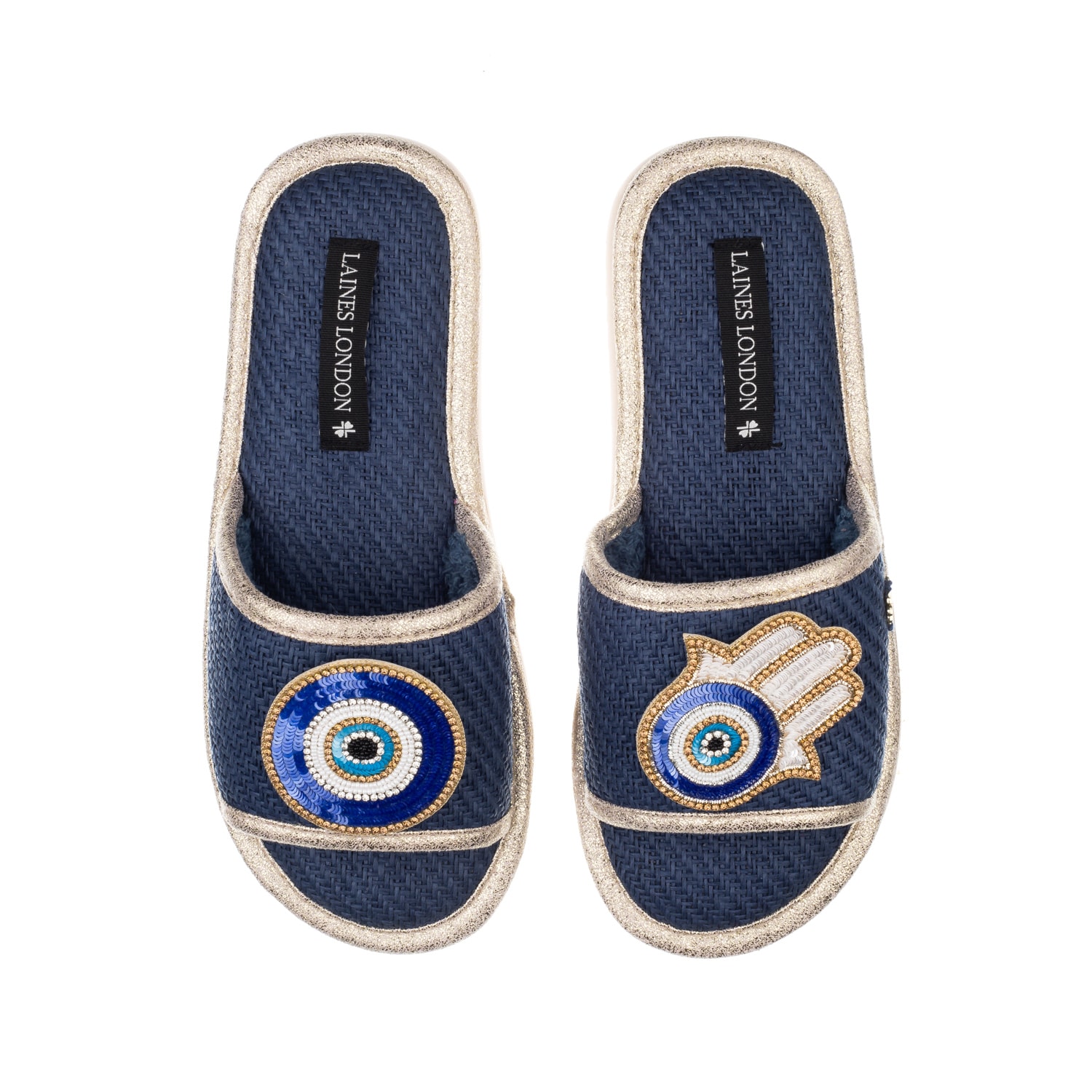 Women’s Blue Straw Braided Sandals With Handmade Evil Eye & Hamsa Hand Brooches - Navy Large Laines London