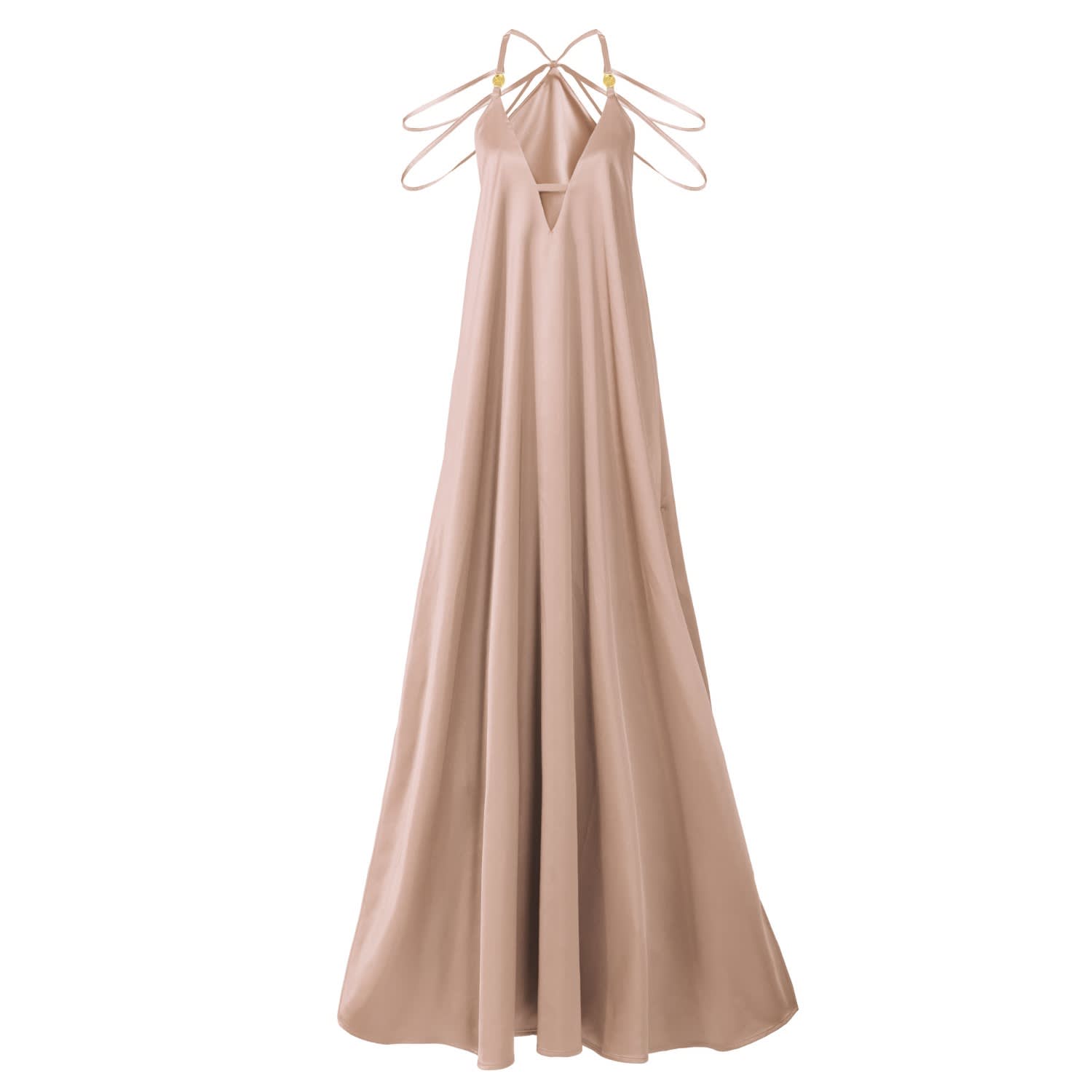 satin beige maxi dress Belara Maxi Dress in Satin Stripe Taupe , Halter Neck , Bodycon