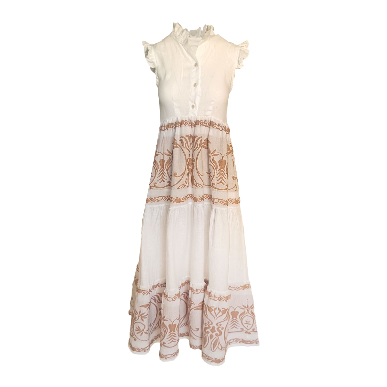 Haris Cotton Women's Smock Maxi Linen Dress With Embroidered Cotton Details Bronze White In White