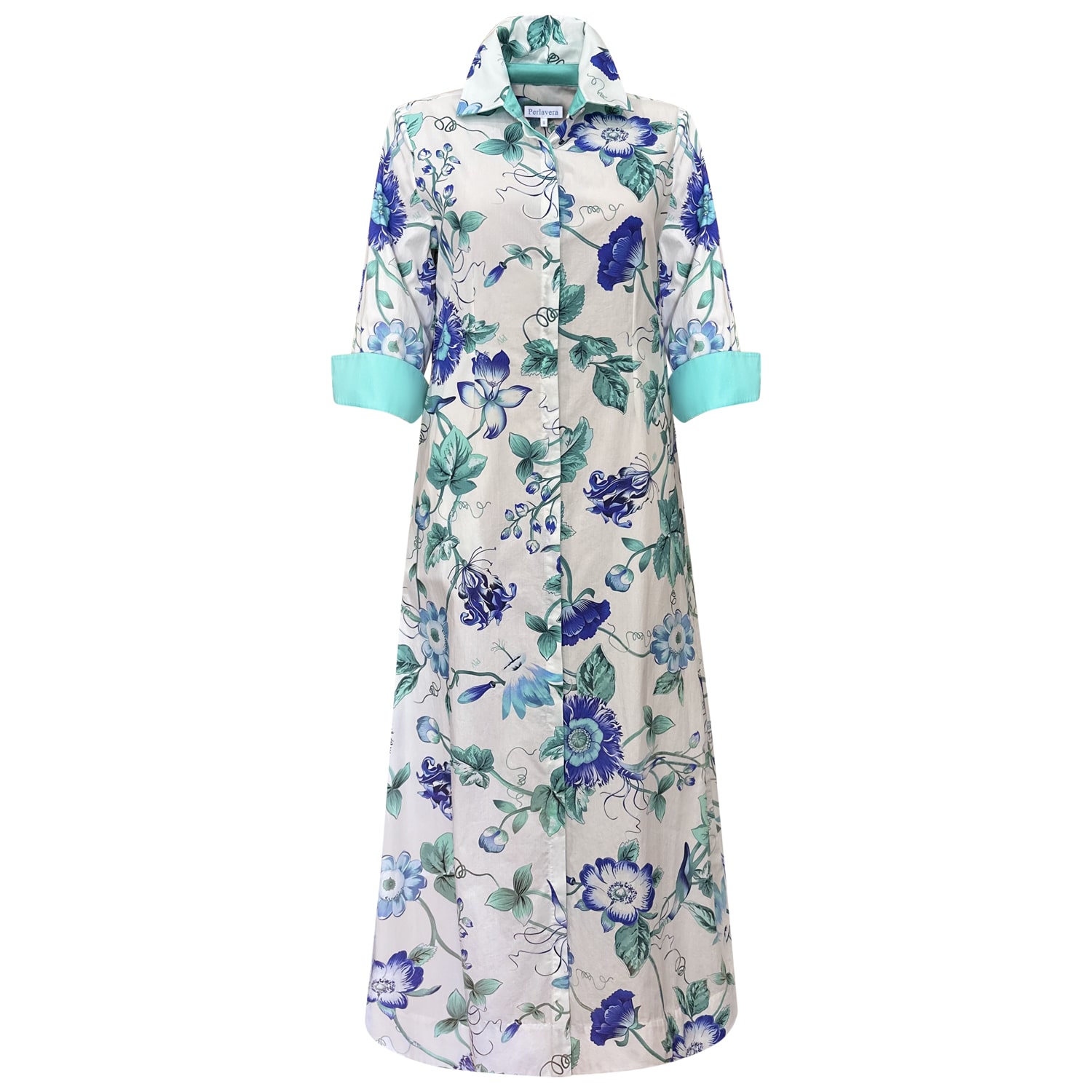 Perlavera Women's White / Blue Cassie Ivy Aqua Printed Slim Three Quarter Maxi Dress