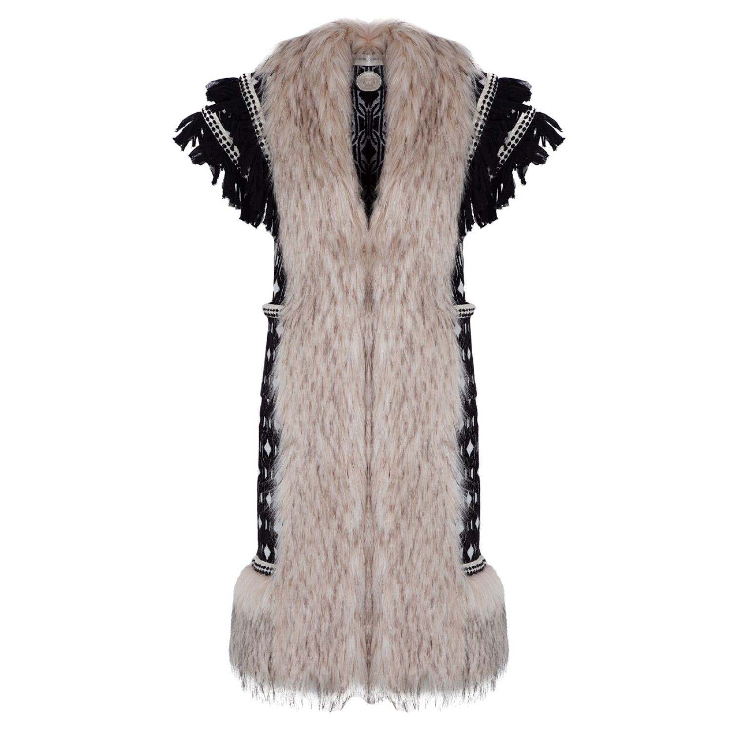 Women’s Black Alpaca Wool And Cotton Without Sleeves Longline Coat Vegan Fur Details Casandra Large The Extreme Collection