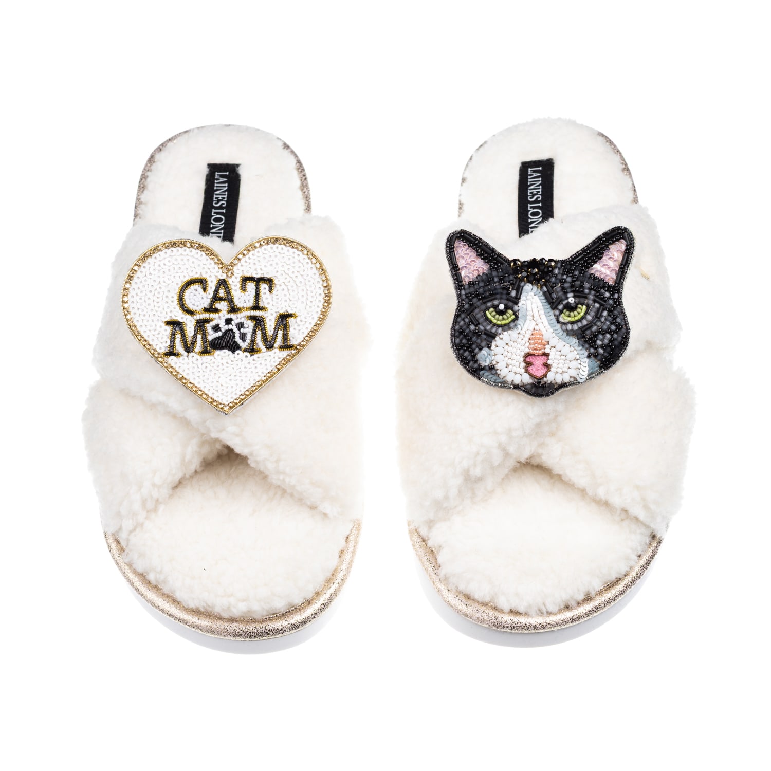 Laines London Women's Neutrals / White Laines Neutral Boucle Slippers With Black & White Cat & Cat Mum/mom Brooche
