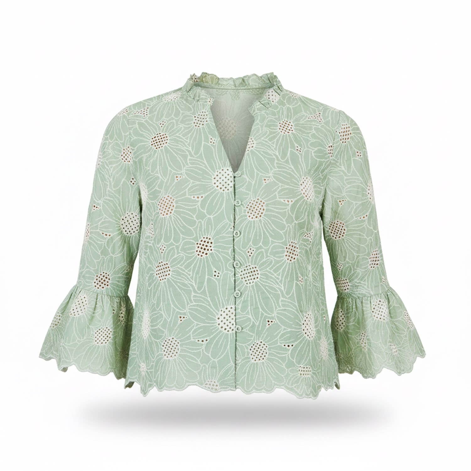 Yumi Women's  Green Daisy Broderie Shirt With Fluted Sleeves