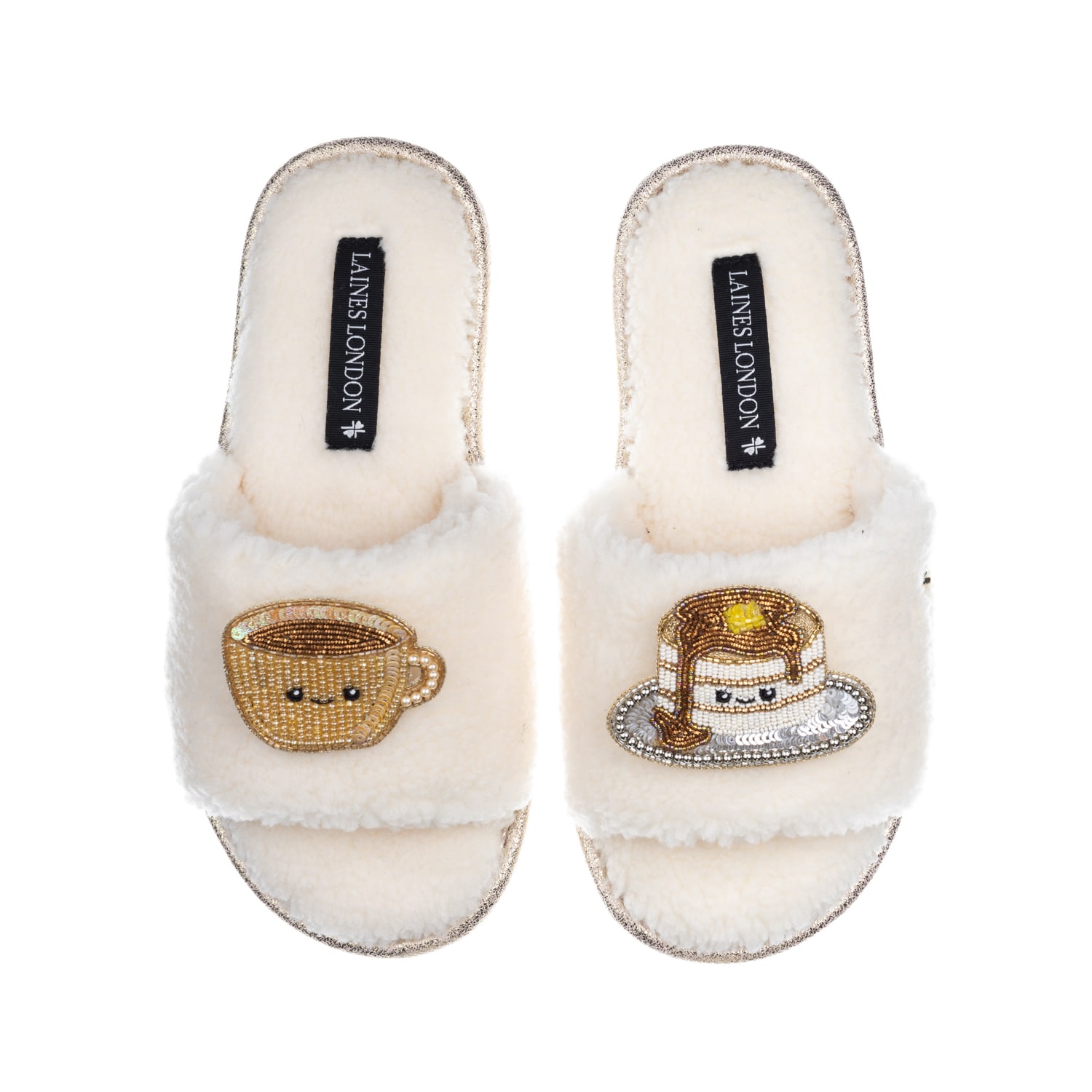 Laines London Women's White Teddy Slider Slippers With Laines Loveables Coffee & Pancakes Brooches - Cream In White