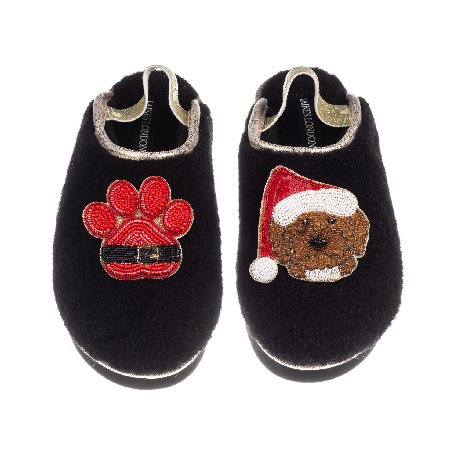 Laines London Women's Black / Gold Flatform Cloud Slippers With Christmas Brown Cockapoo & Paw Brooches - Black In Black