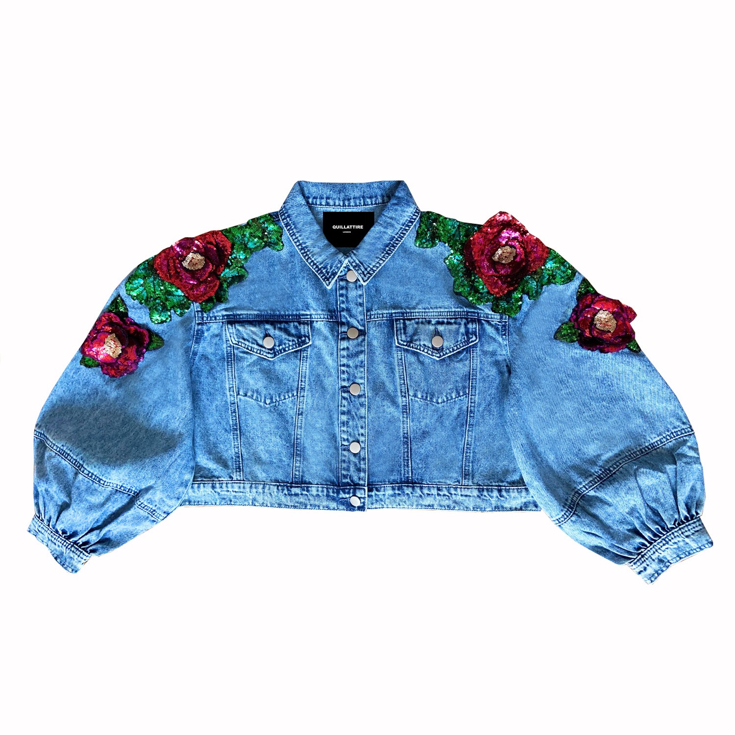 Green Denim Floral Denim Jacket - Quillattire