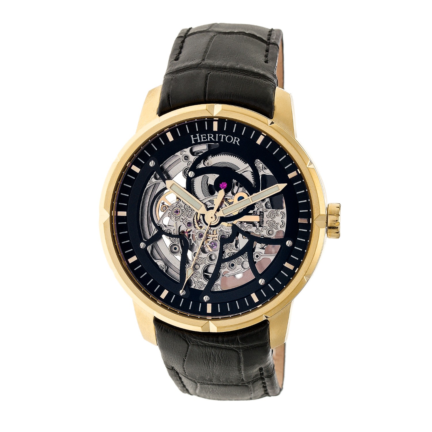 Men’s Black / Gold Ryder Leather-Band Skeleton Watch - Black, Gold Heritor Automatic