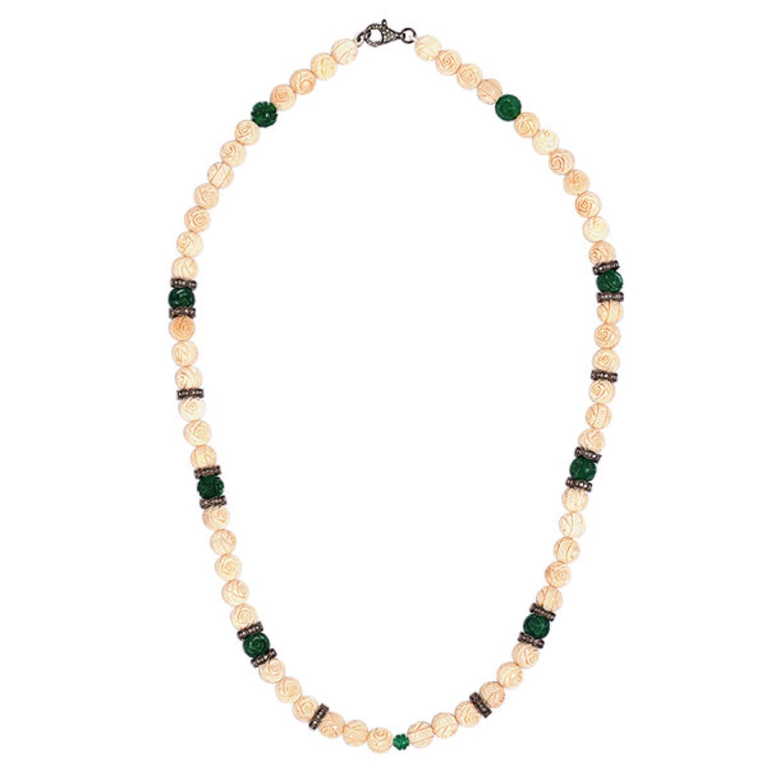 Women’s Green / White Beaded Carving Onyx Gemstone Oxidized Carved Matinee Necklace Diamond Silver Artisan