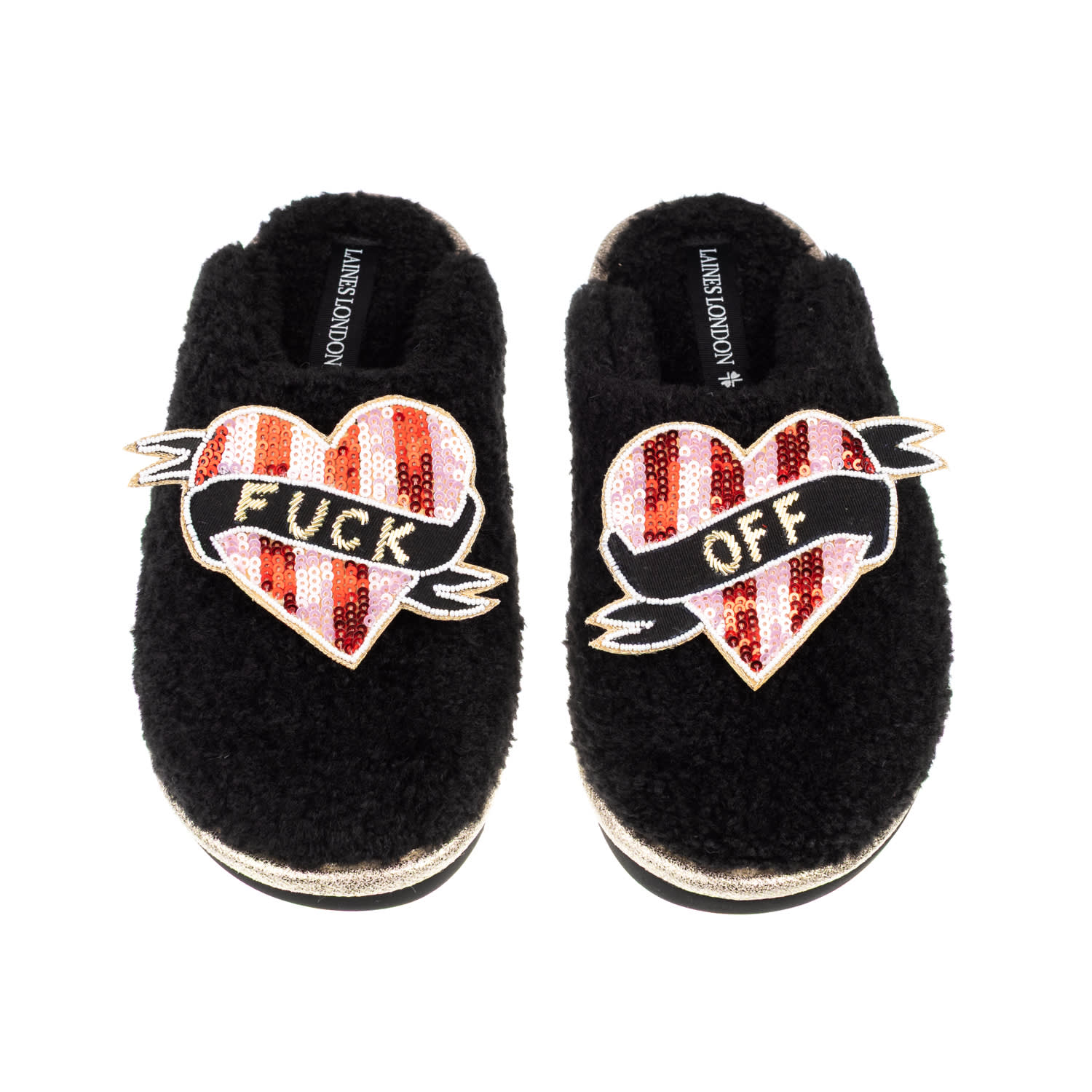 Women's Black / Gold Teddy Closed Toe Slippers With Pink & Red Stripe Heart Fuck Off Brooches
