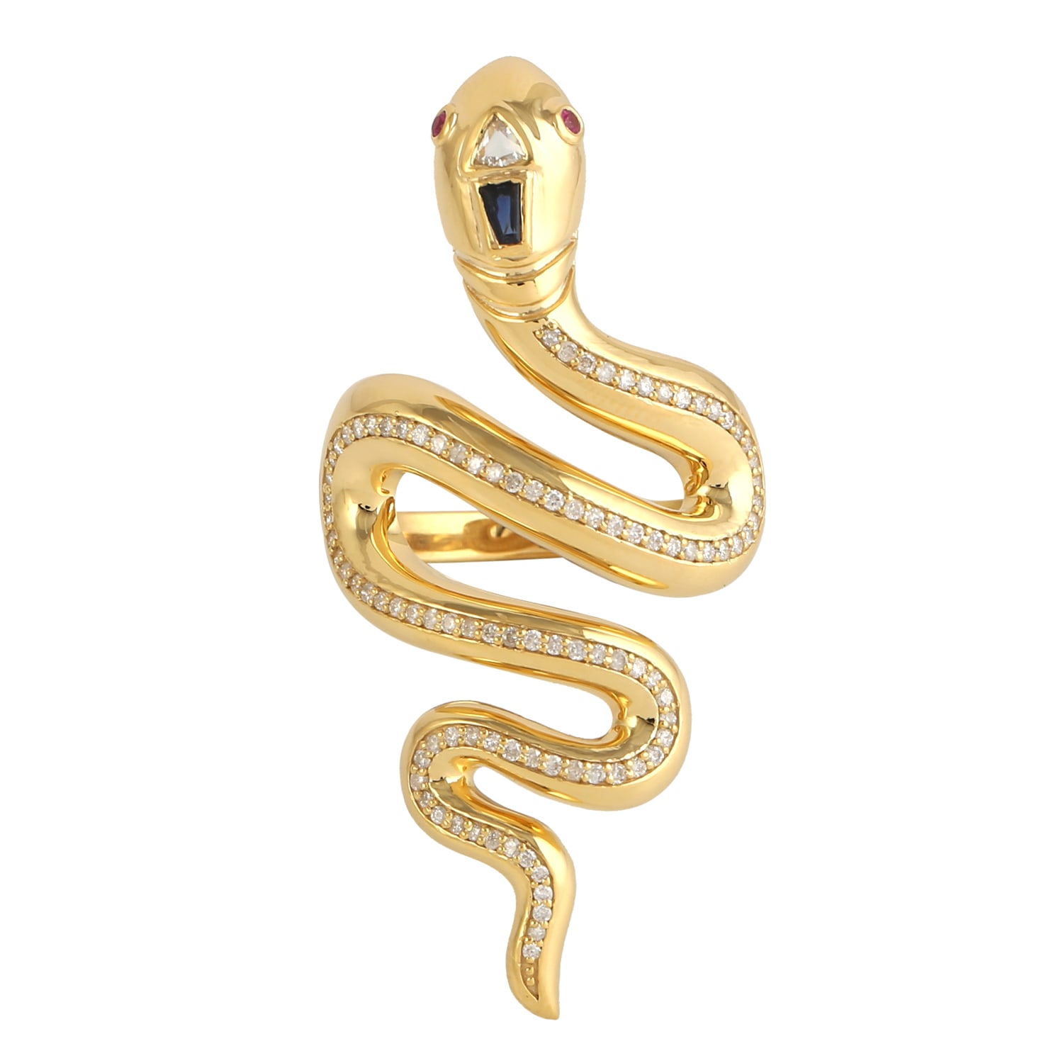 Artisan Women's Blue / Red / White Pave Diamond Snake Cocktail Ring With Ruby & Blue Sapphire In Gold In Gold