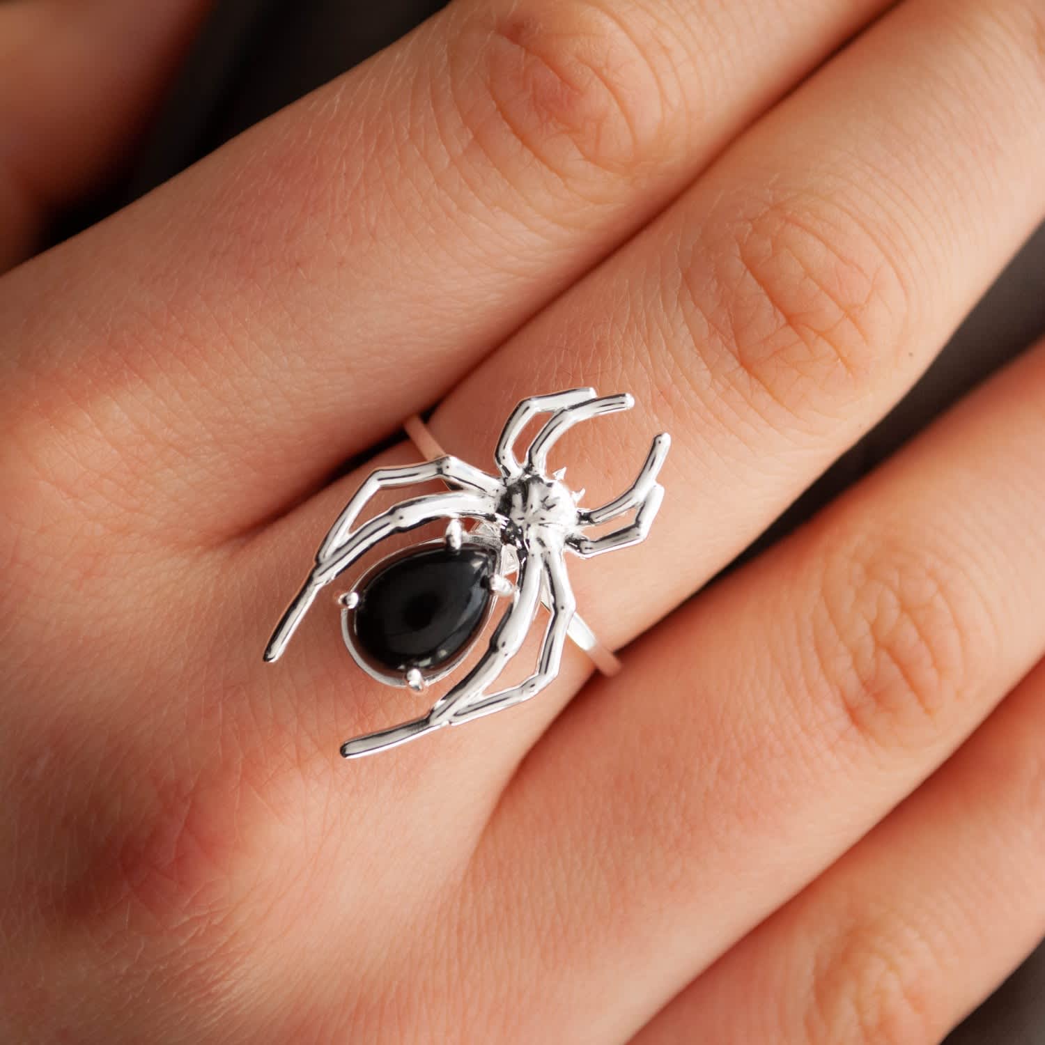 Silver Spider & Black Onyx Stacking Ring | MARIE JUNE Silver Spider & Black Onyx Stacking Ring | MARIE JUNE