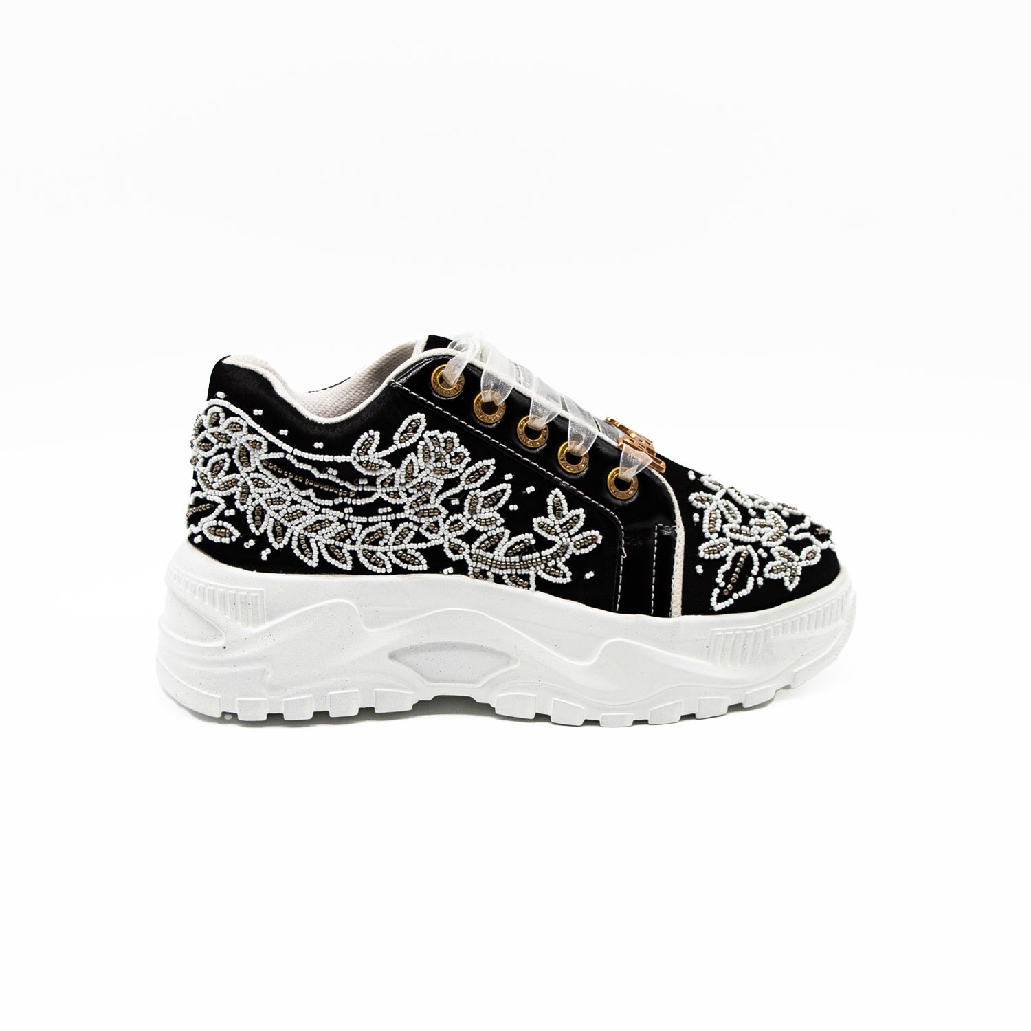 Rettrose Women's The Iska Luxury Black Satin Handmade Embellished Trainers In Black