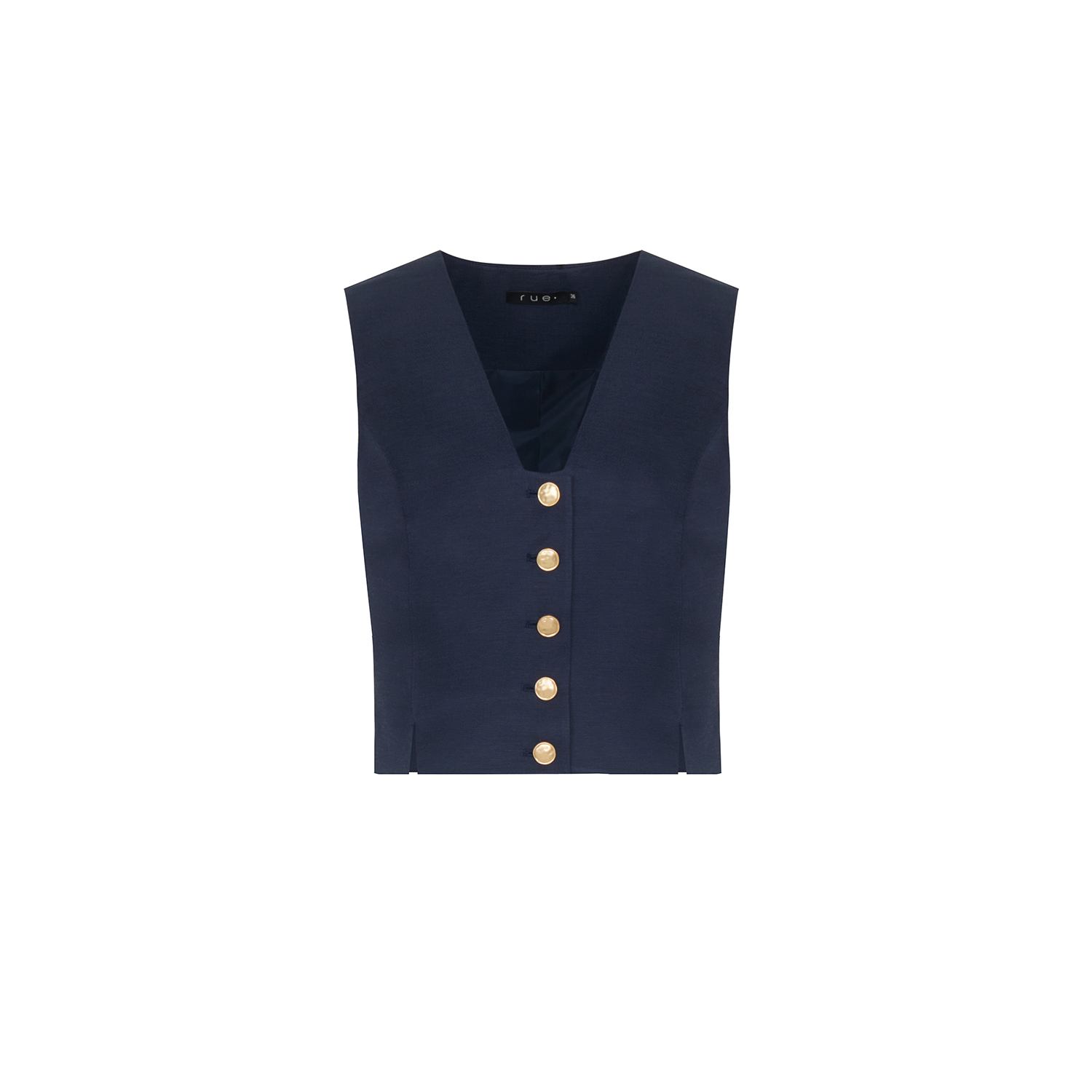 Women’s Gold Button Detail V-Neck Navy Blue Crop Vest Small Rue Les Createurs