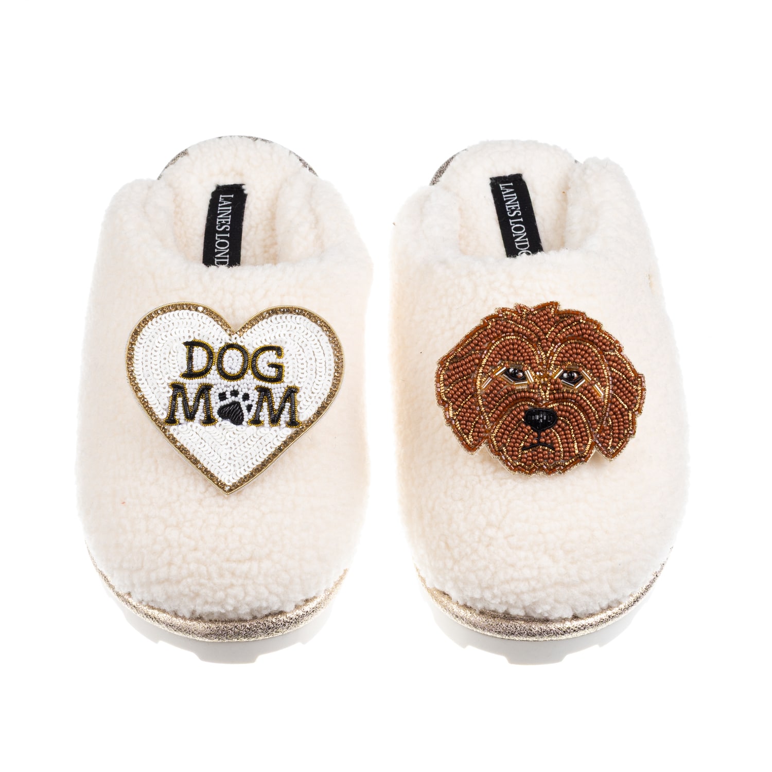 Women's Neutrals / White Teddy Closed Toe Slippers With Dog Mum / Mom & Apricot Cockapoo Brooches