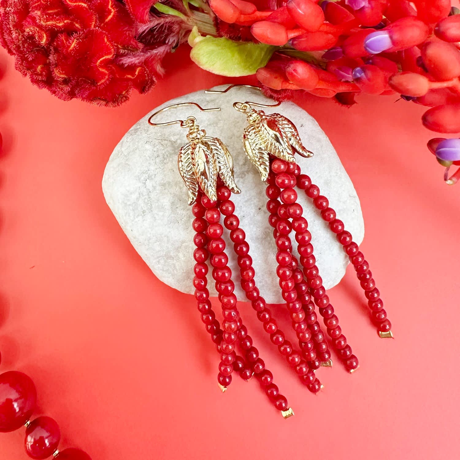 Coral tassel earrings outlet