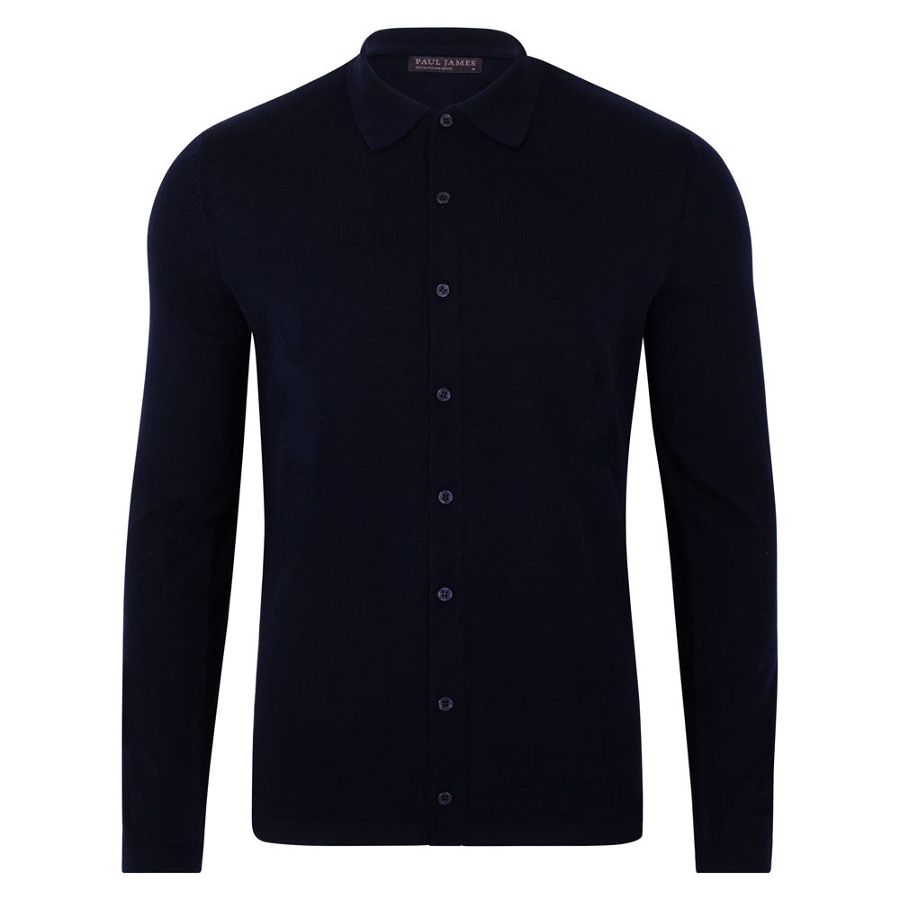 Blue Mens Lightweight Extra Fine Merino Long Sleeve Aiden Shirt - Navy Medium Paul James Knitwear