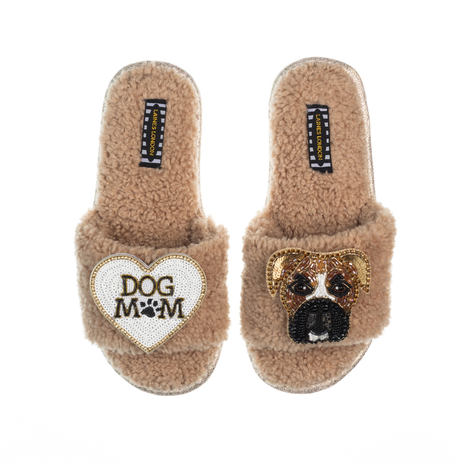 Laines London Women's Brown Teddy Toweling Slippers With Pip The Boxer & Dog Mum /mom Brooches - Toffee In Brown