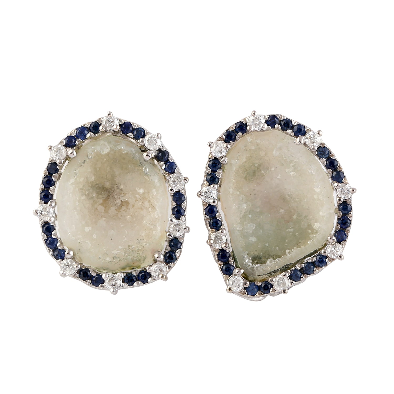 Women’s Brown / White / Blue Oval Cut Geode & Blue Sapphire Pave Diamond In 18K White Gold Stud Earrings Artisan