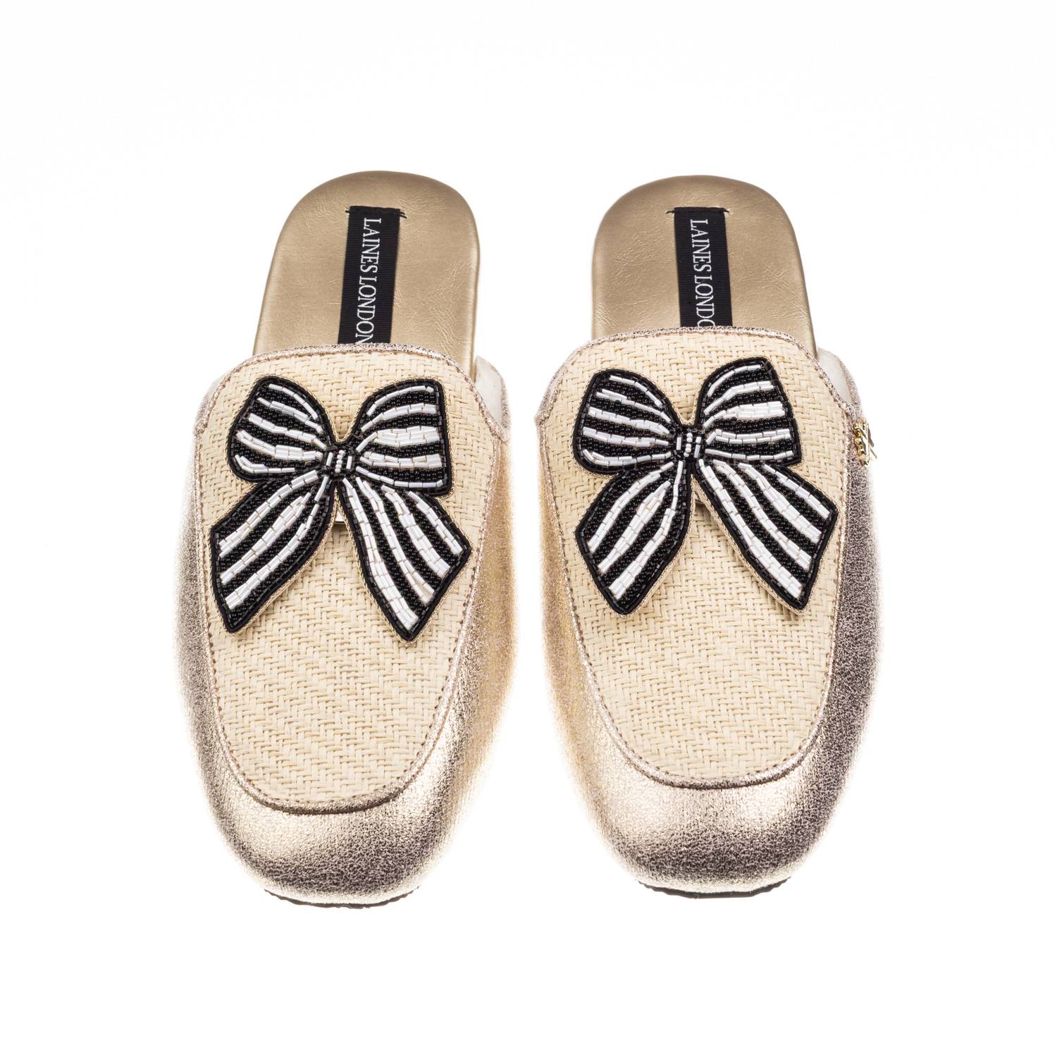 Laines London Women's Gold / Neutrals / White Classic Mules With Black Stripe Bow Brooches - Cream & Gold In Multi