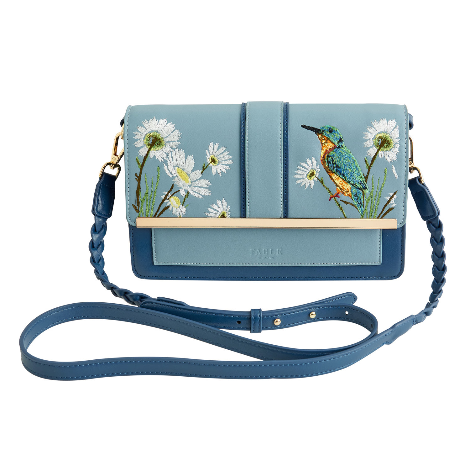 Fable England Women's Embroidered Kingfisher Blue Cross Body Bag