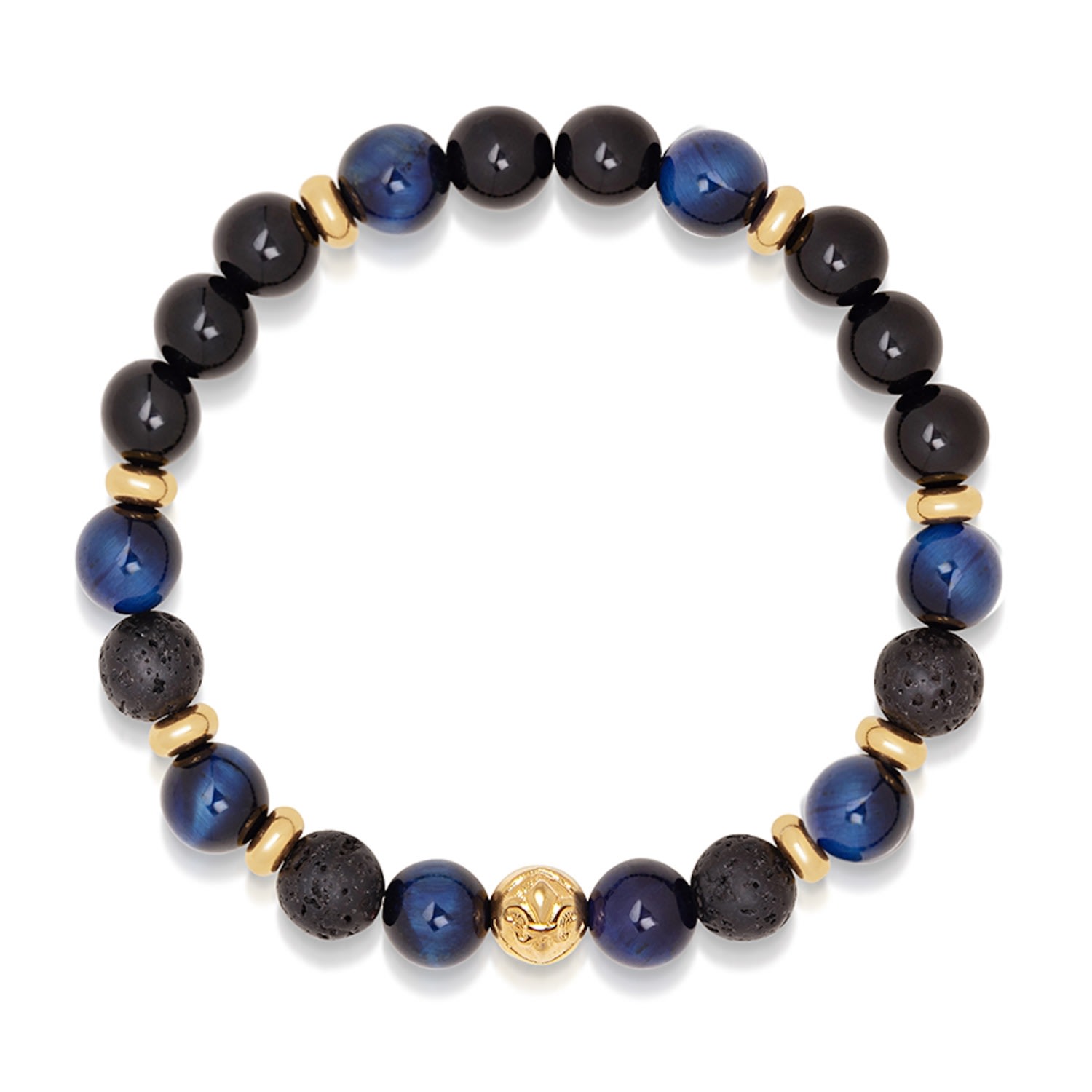 Gold / Blue Mens Wristband With Blue Tiger Eye, Black Agate, Lava Stone And Gold Nialaya