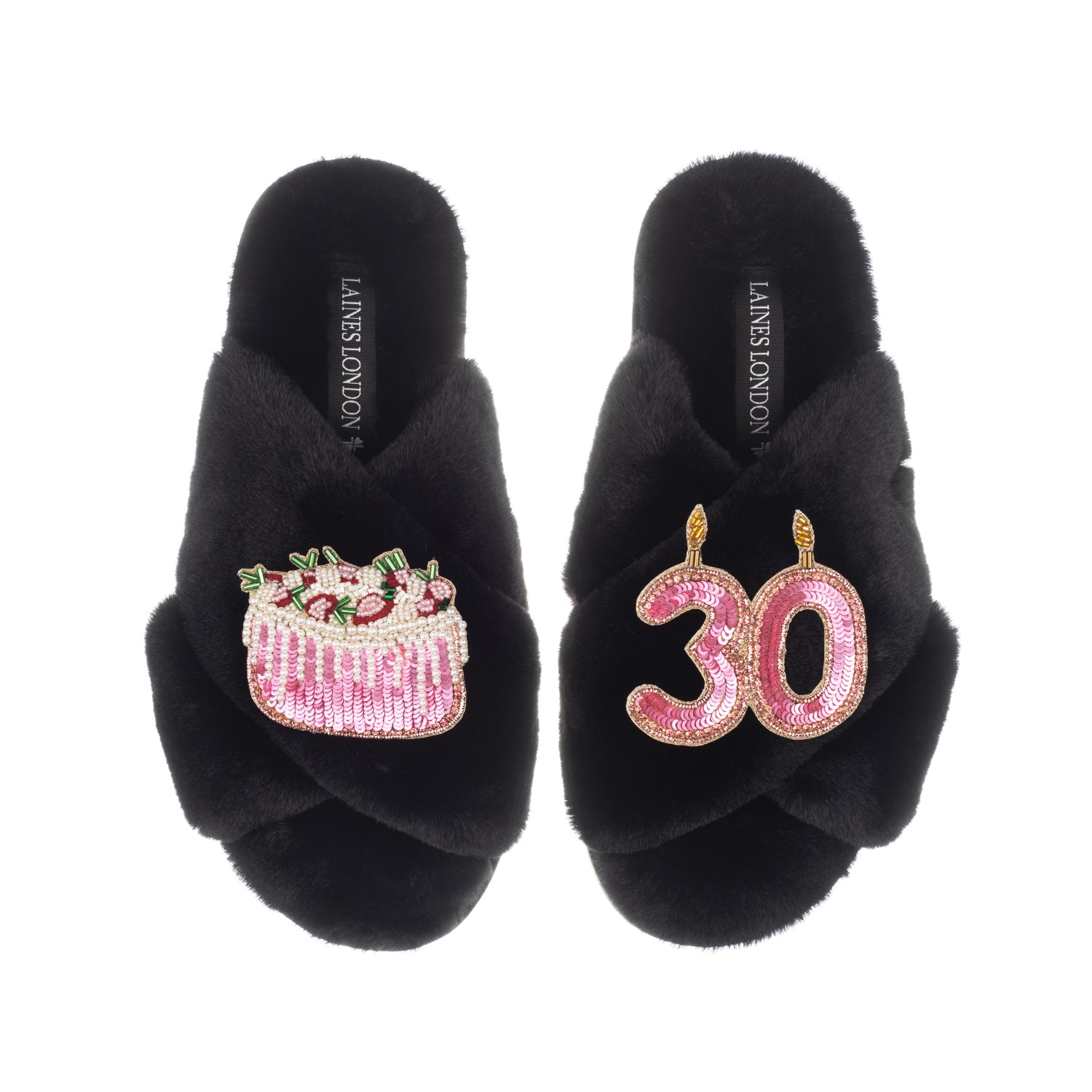 Women’s Classic Laines Slippers With 30Th Birthday & Cake Brooches - Black Medium Laines London