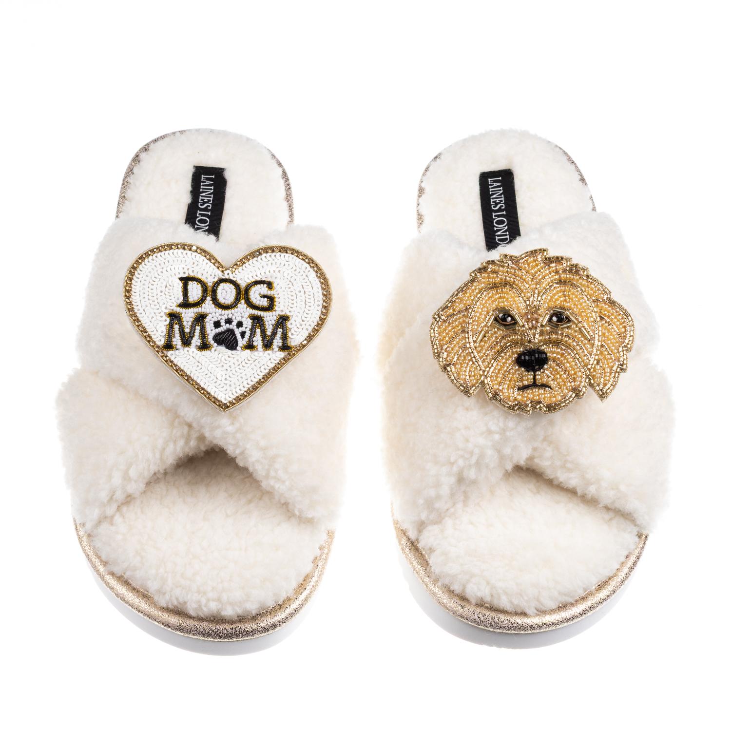 Laines London Women's Neutrals / White Boucle Slippers With Dog Mum/mom & Golden Cockapoo Brooches - Cream In White