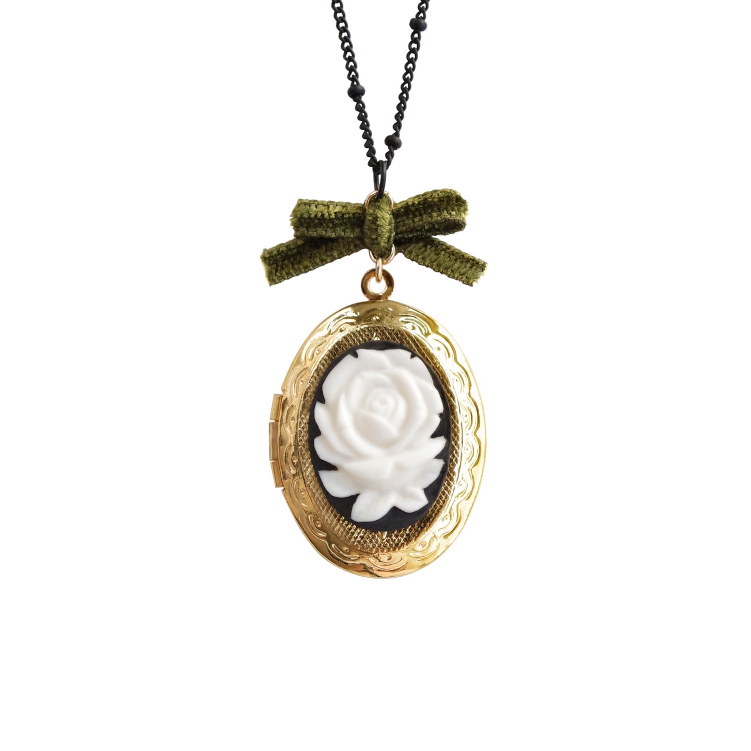 Women’s White / Black / Green Dark Romance Rose Oval Porcelain Cameo Locket Necklace Poporcelain