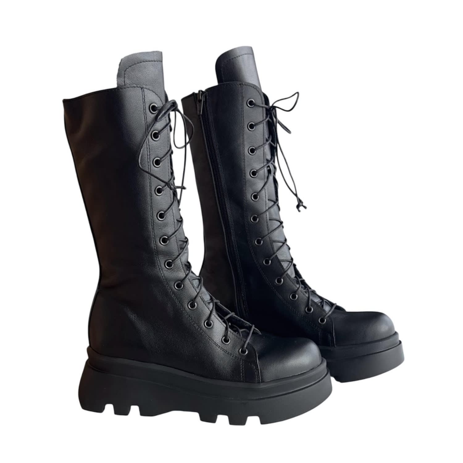 Adrenaline Fashion Handcrafted Women's Black Leather Knee-high Lace-up Boots – Genuine Leather Designer Handmade Boots In Black