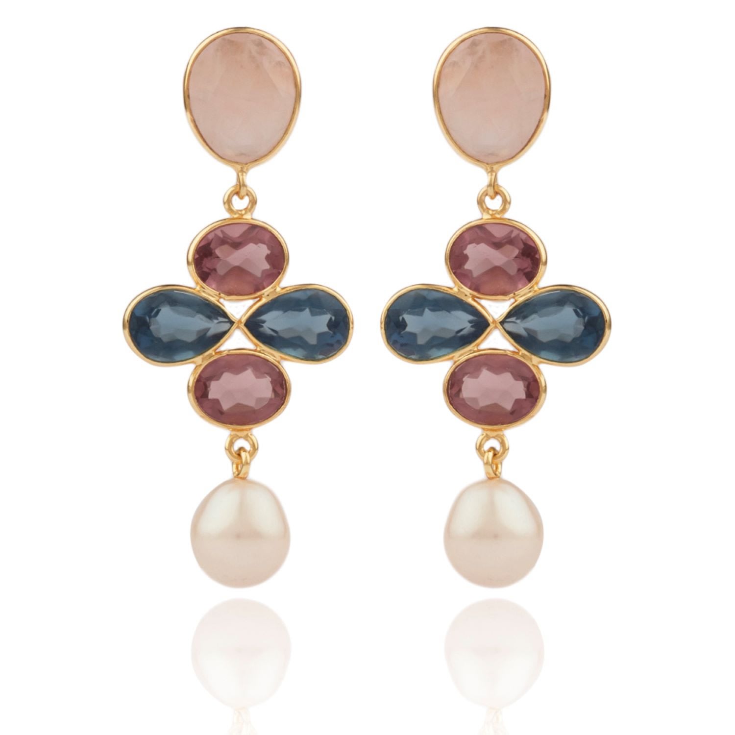 House Of Elliott Women's Rochelle Drop Earrings With Chunky And Shiny Semi-precious Stones And Pearls In Yellow