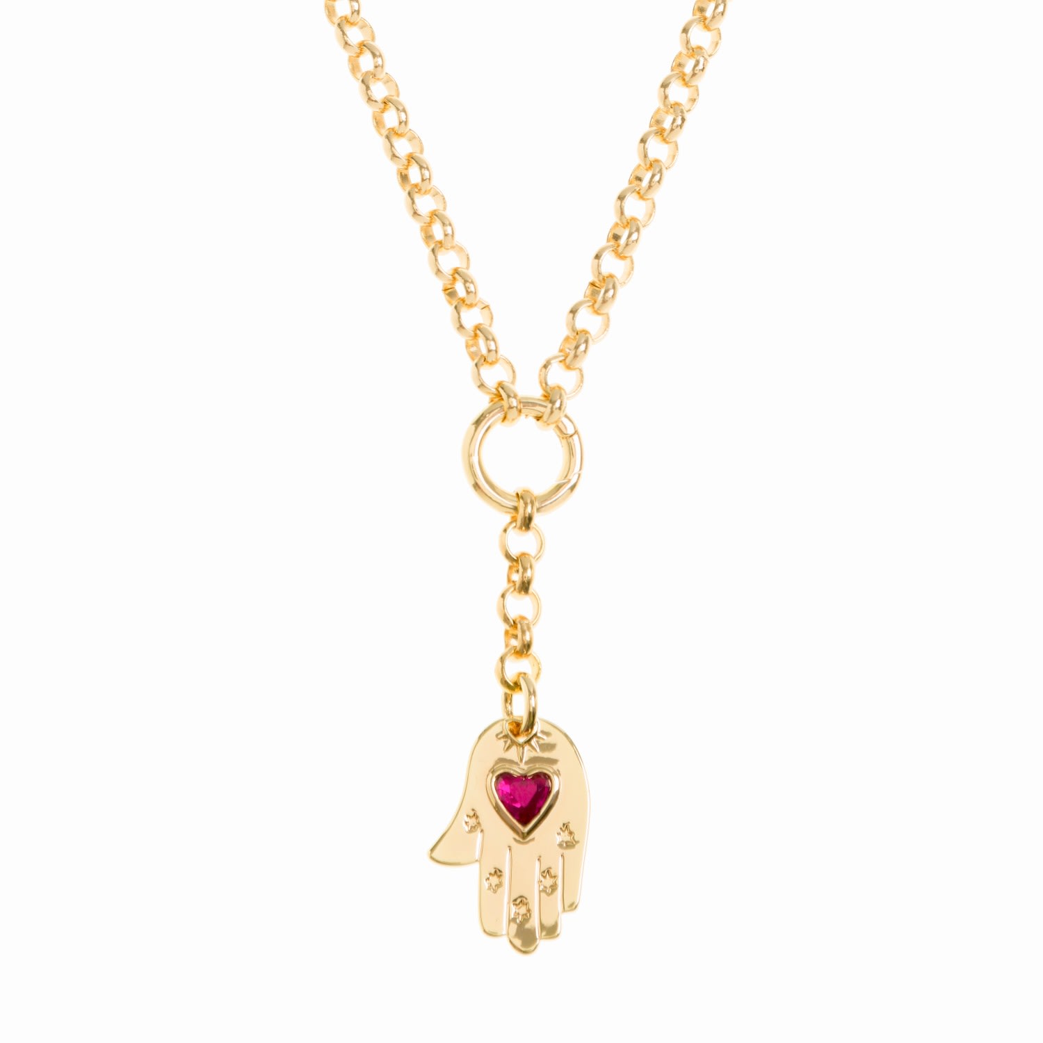 Women’s Gold / Pink / Purple Pink Hamsa Hand On Gold Belcher Chain Necklace Patroula Jewellery