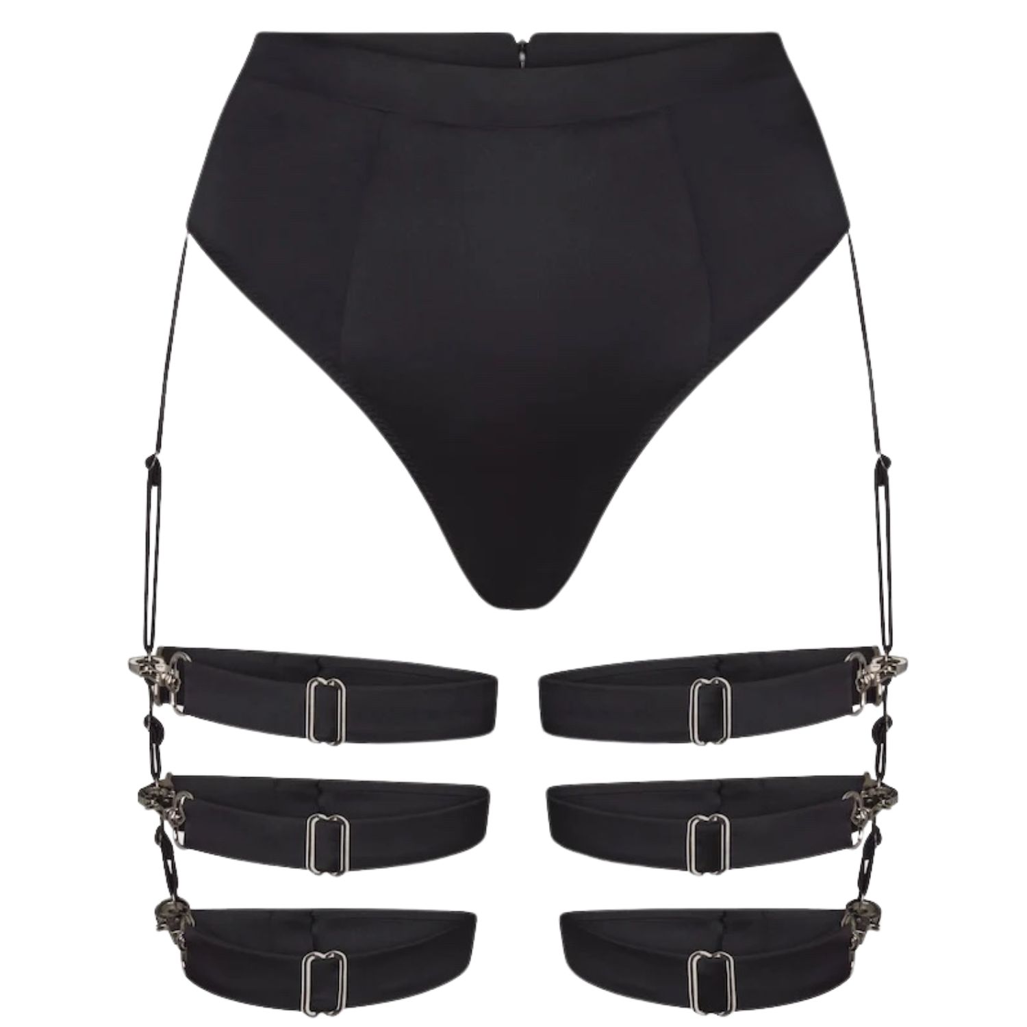 Lunatic Femme Women's Supper Club High-waisted Black Silk Thong Harness W/ Detachable Garters In Black