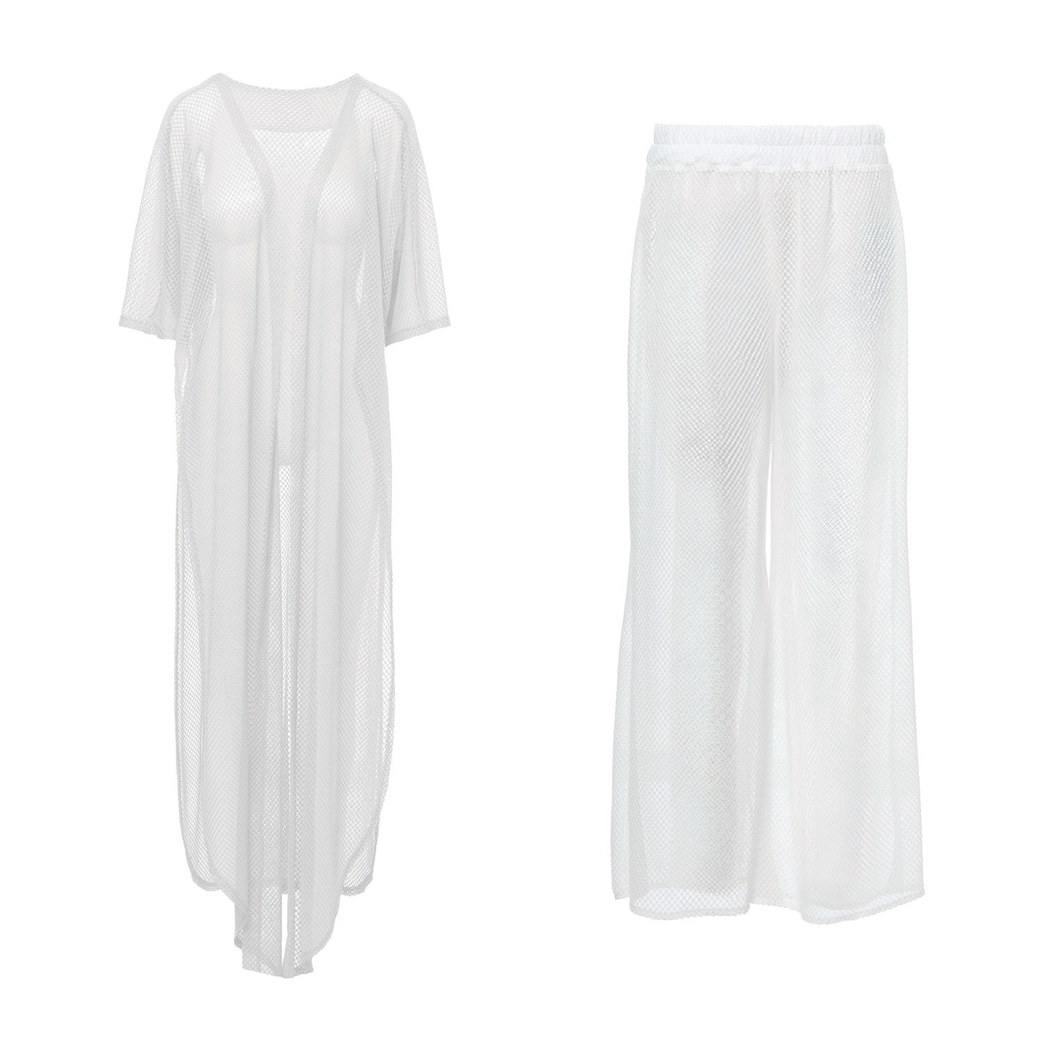Bluzat White Matching Set With Kimono And Pants In White