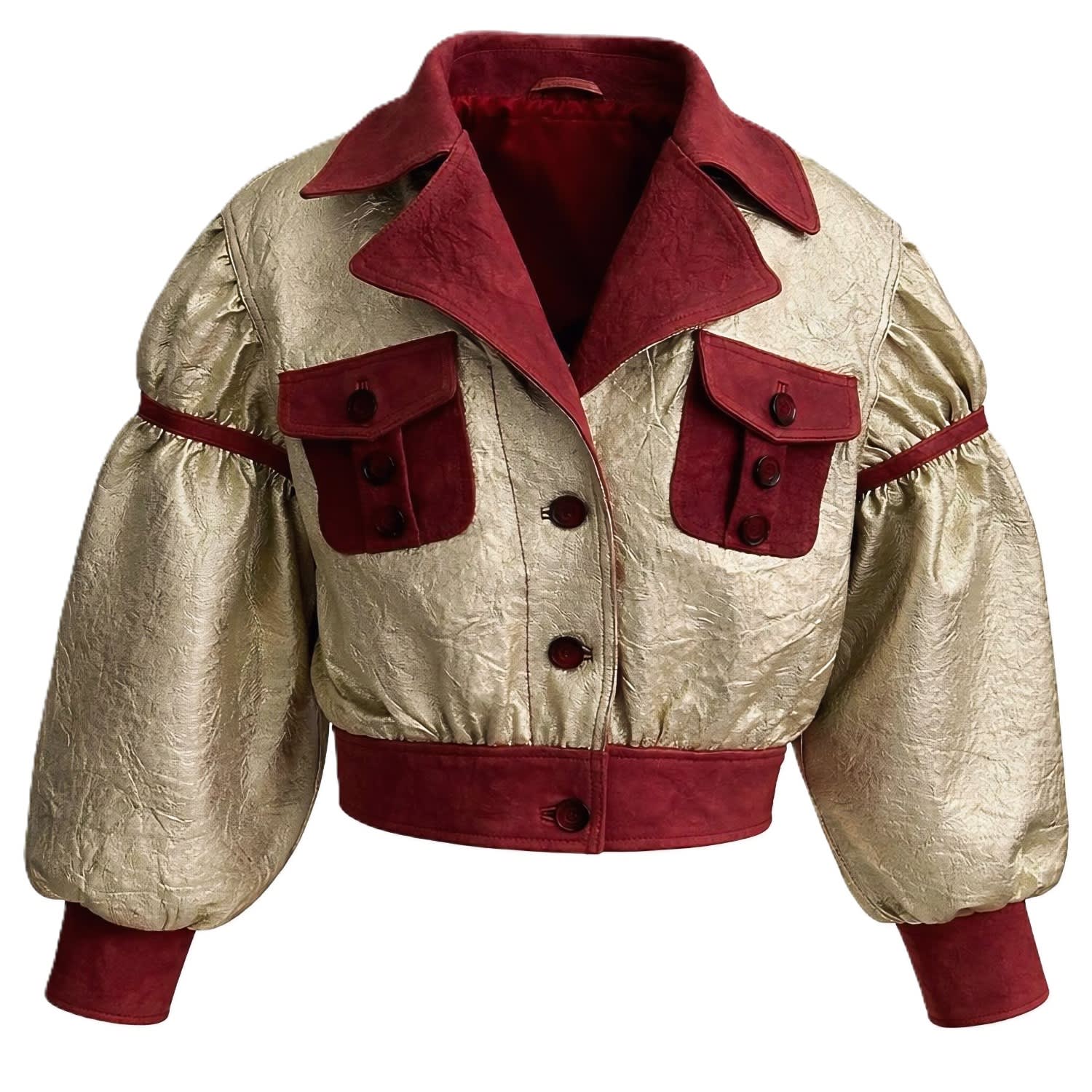 Women's Gold / Red Gold Sentinel Leather Crop Bomber Jacket | S/M | Zastastudio