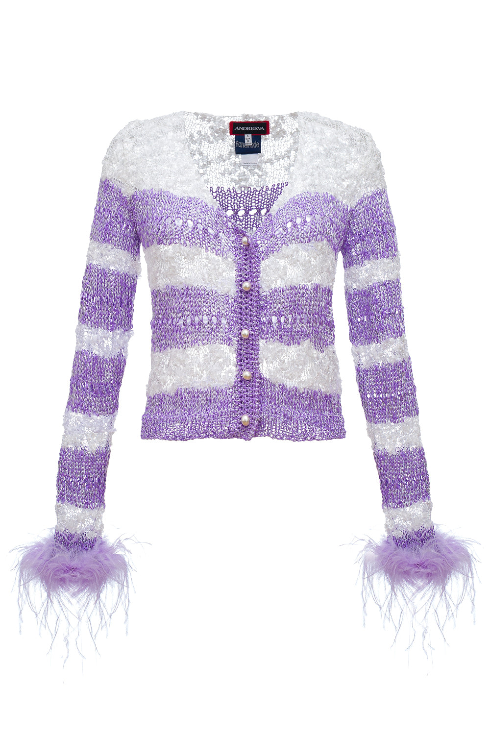 Andreeva Lavender Handmade Knit Sweater With Detachable Feather Details On The Cuffs And Pearl Buttons In Pink/purple