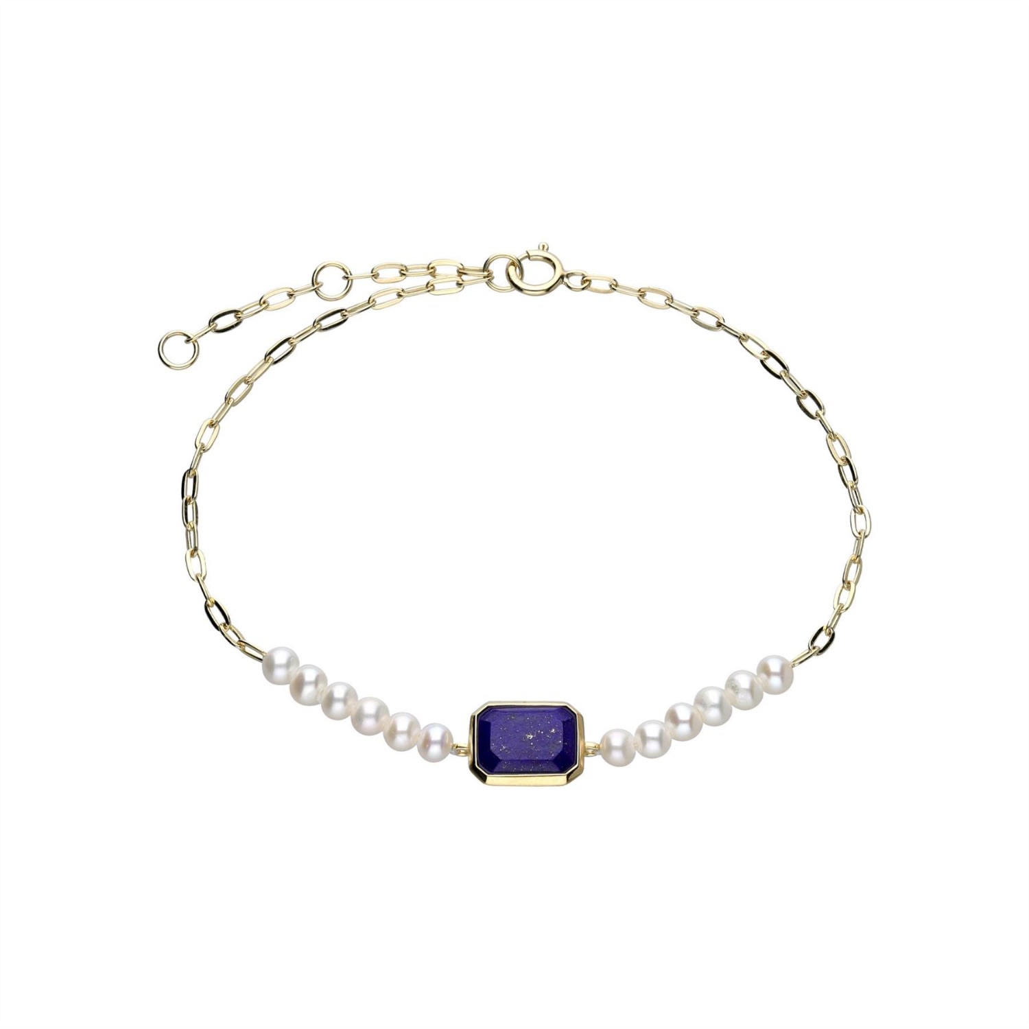 Women’s Blue Ecfew Gold Plated Sterling Silver Lapis Lazuli & Pearl Chain Link Bracelet Gemondo