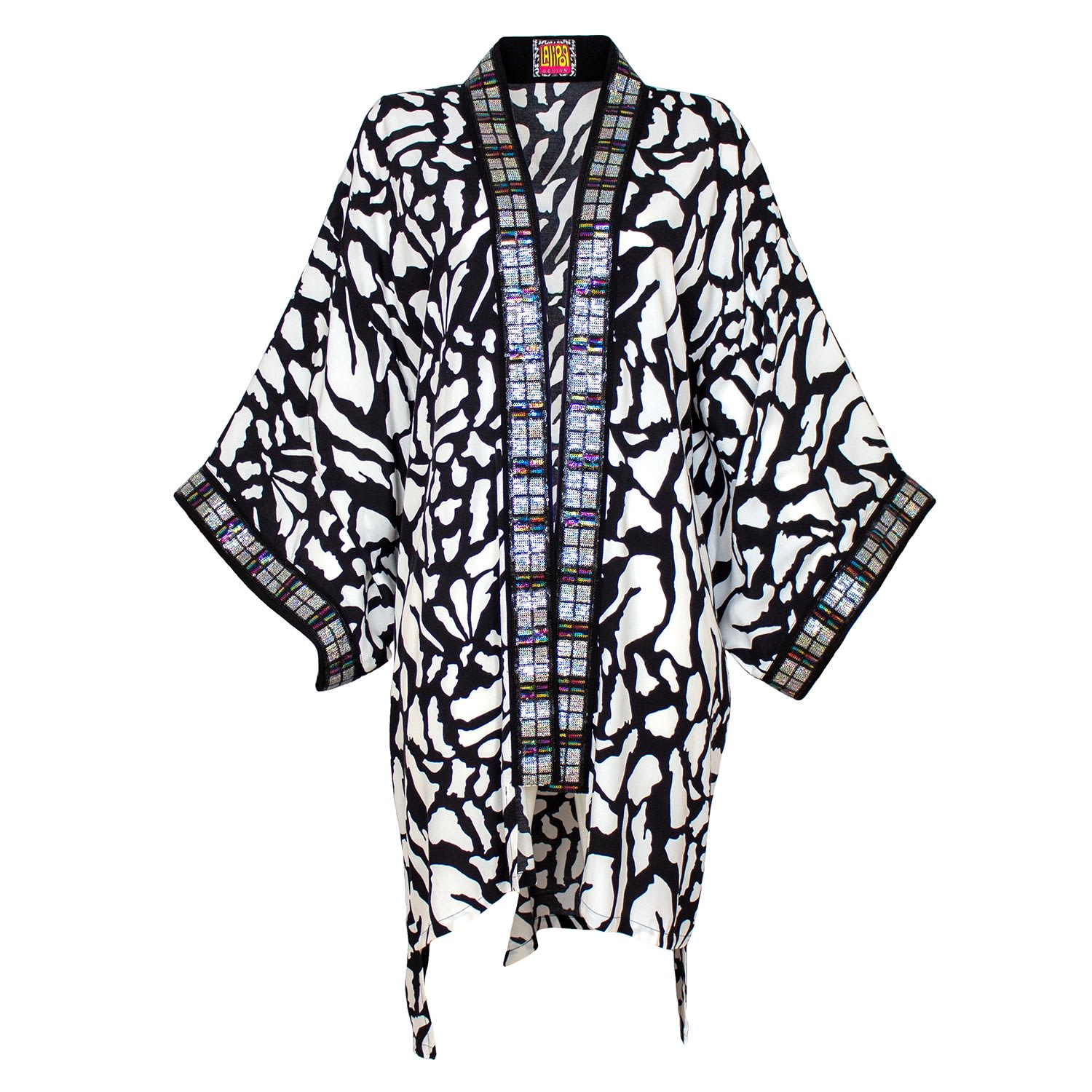 Women’s Black & White Print Midi Kimono With Embroidery Borders One Size Lalipop Design