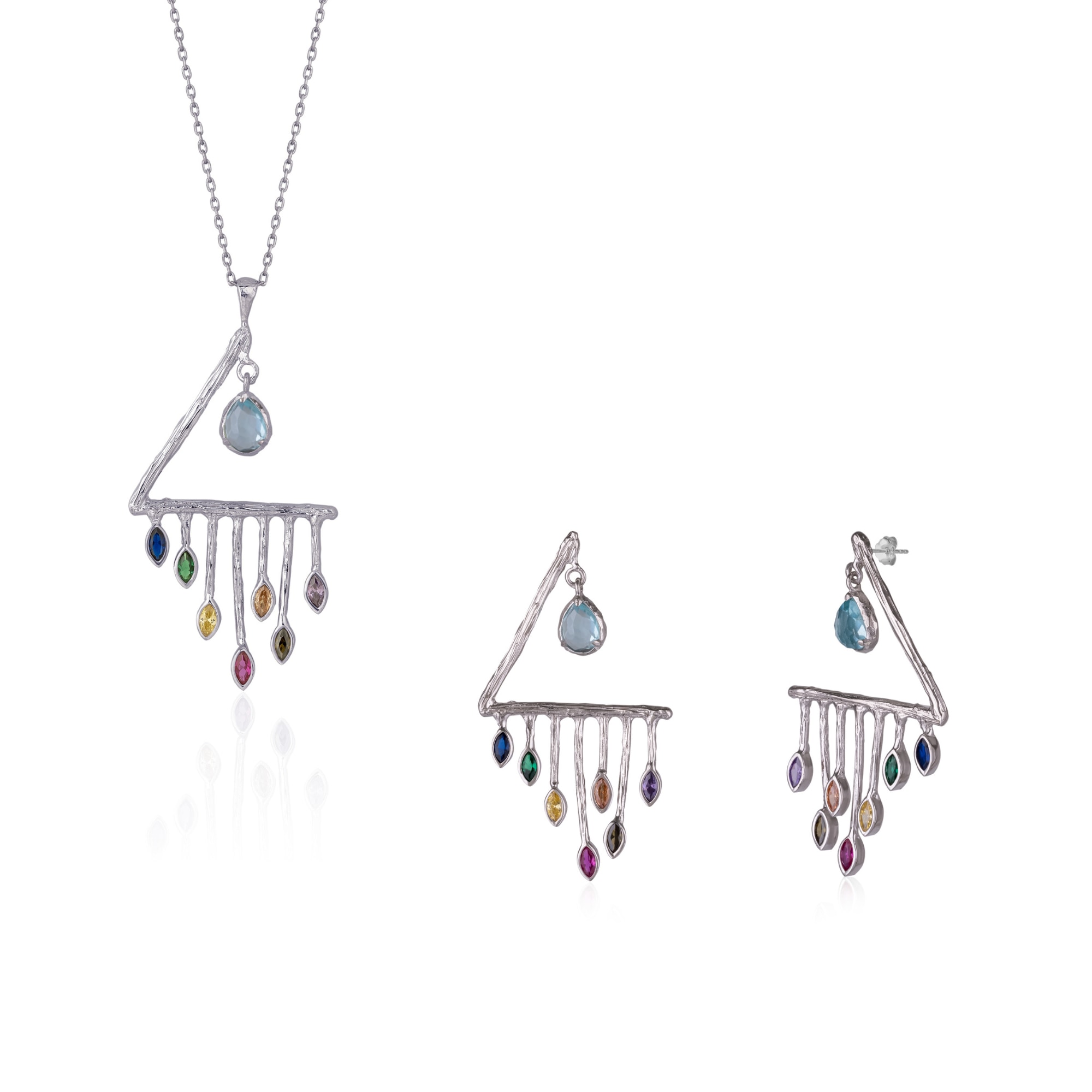 Spero London Women's Colourful Rainbow Rain Drop Earring & Necklace Set In Sterling Silver In Silver