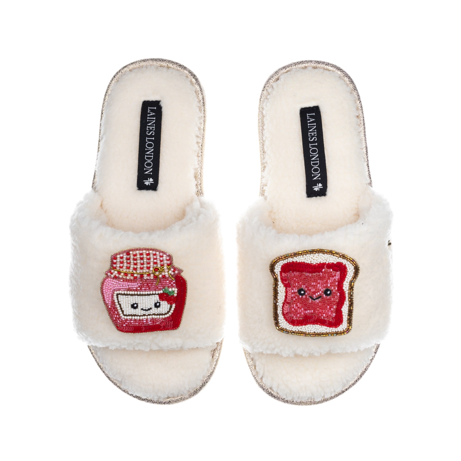 Laines London Women's White Teddy Slider Slippers With Laines Loveables Jam & Toast Brooches - Cream In White