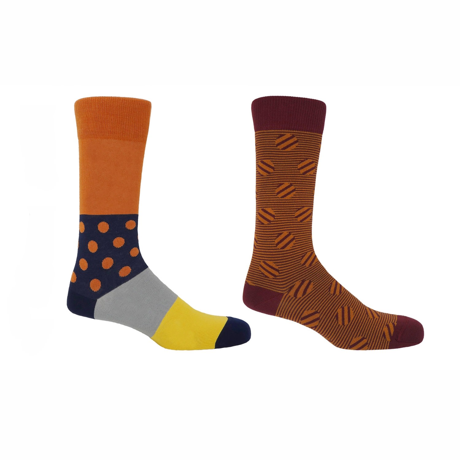 Burnt Orange Mayfair & Garnet Polka Stripe Men’s Socks 2 Pack One Size Peper Harow - Made in England